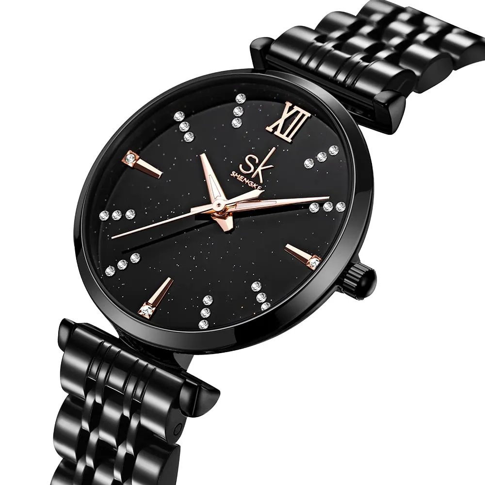 SHENGKE SK Classic Donne Orologi Moda Donne Dress Watch Solido Acciaio Inox Band Cinturino in Vera Pelle (Black-Starry) - immagine 7