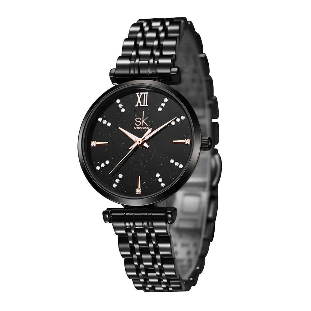 SHENGKE SK Classic Donne Orologi Moda Donne Dress Watch Solido Acciaio Inox Band Cinturino in Vera Pelle (Black-Starry) - immagine 8