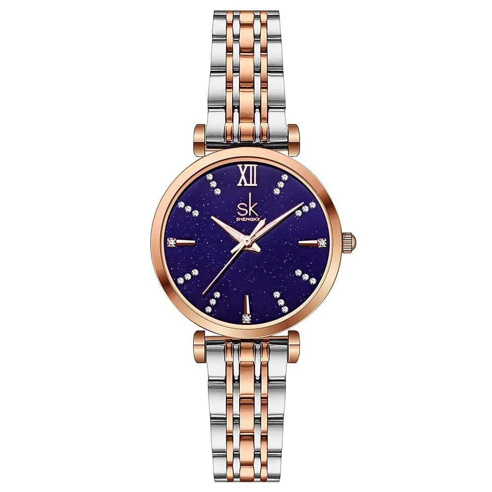 SHENGKE SK Classic Donne Orologi Moda Donne Dress Watch Solido Acciaio Inox Band Cinturino in Vera Pelle (Blue-Starry) - immagine 1