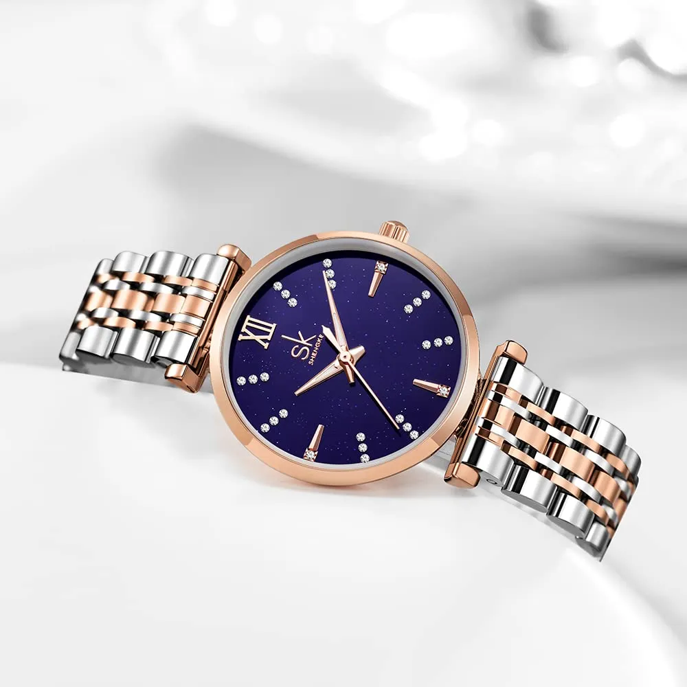 SHENGKE SK Classic Donne Orologi Moda Donne Dress Watch Solido Acciaio Inox Band Cinturino in Vera Pelle (Blue-Starry) - immagine 3