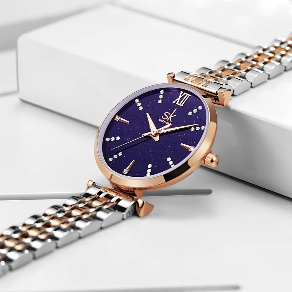 SHENGKE SK Classic Donne Orologi Moda Donne Dress Watch Solido Acciaio Inox Band Cinturino in Vera Pelle (Blue-Starry) - immagine 4