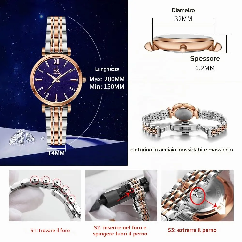 SHENGKE SK Classic Donne Orologi Moda Donne Dress Watch Solido Acciaio Inox Band Cinturino in Vera Pelle (Blue-Starry) - immagine 6