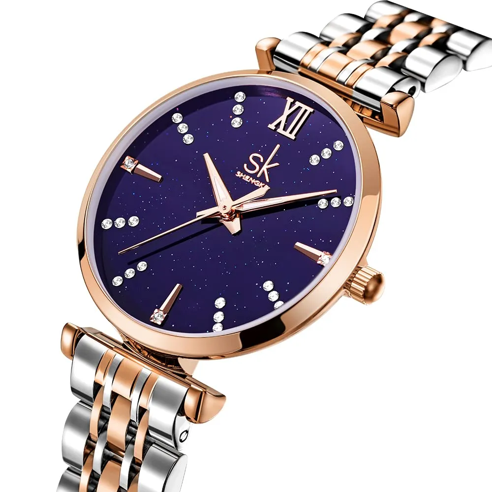 SHENGKE SK Classic Donne Orologi Moda Donne Dress Watch Solido Acciaio Inox Band Cinturino in Vera Pelle (Blue-Starry) - immagine 7