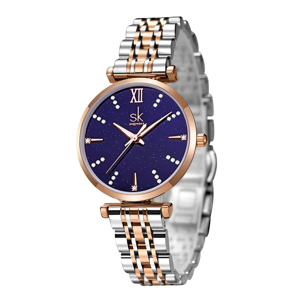 SHENGKE SK Classic Donne Orologi Moda Donne Dress Watch Solido Acciaio Inox Band Cinturino in Vera Pelle (Blue-Starry) - immagine 8
