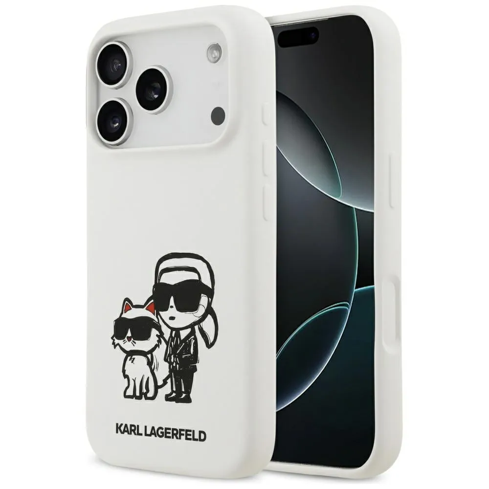 Custodia per Apple iPhone 17 Pro, Karl Lagerfeld, Sketch and Logo Karl & Choupette, Bianca - immagine 1