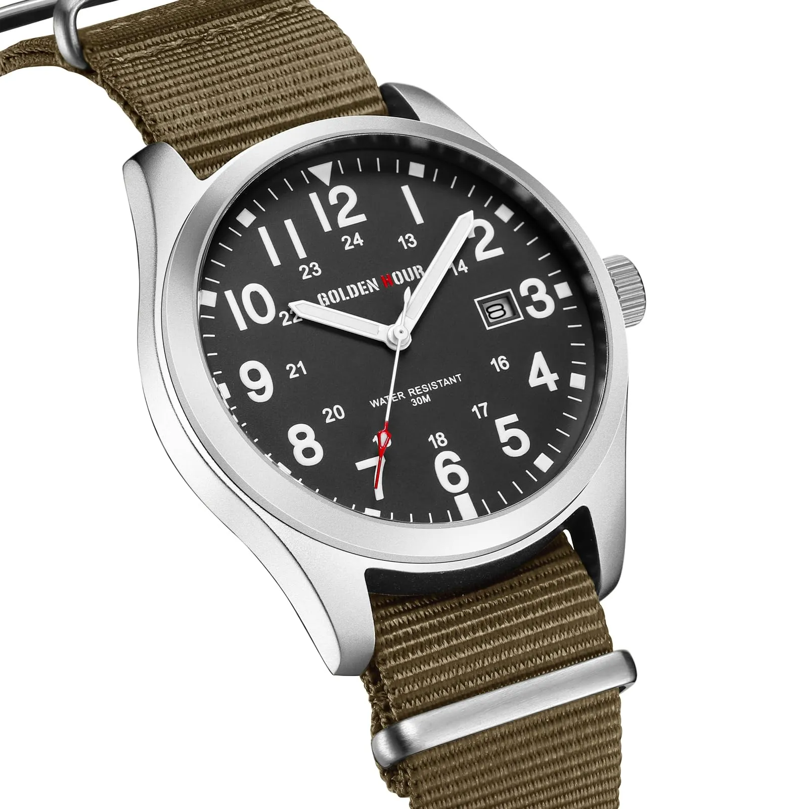 GOLDEN HOUR Orologio da Uomo Militare Analogico con Cinturino in Nylon, Orologio Sportivo Casual con Quadrante Facile Lettura 12/24H, Lancette Luminose, Impermeabile 3ATM - immagine 2
