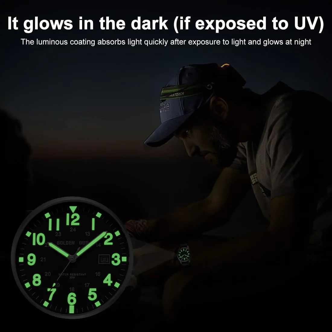 GOLDEN HOUR Orologio da Uomo Militare Analogico con Cinturino in Nylon, Orologio Sportivo Casual con Quadrante Facile Lettura 12/24H, Lancette Luminose, Impermeabile 3ATM - immagine 5