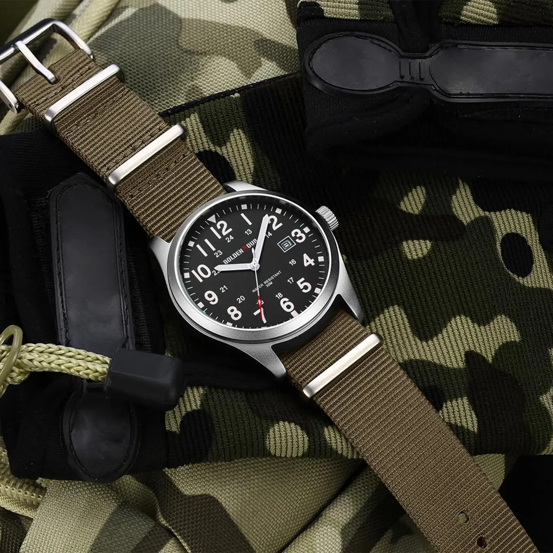 GOLDEN HOUR Orologio da Uomo Militare Analogico con Cinturino in Nylon, Orologio Sportivo Casual con Quadrante Facile Lettura 12/24H, Lancette Luminose, Impermeabile 3ATM - immagine 6