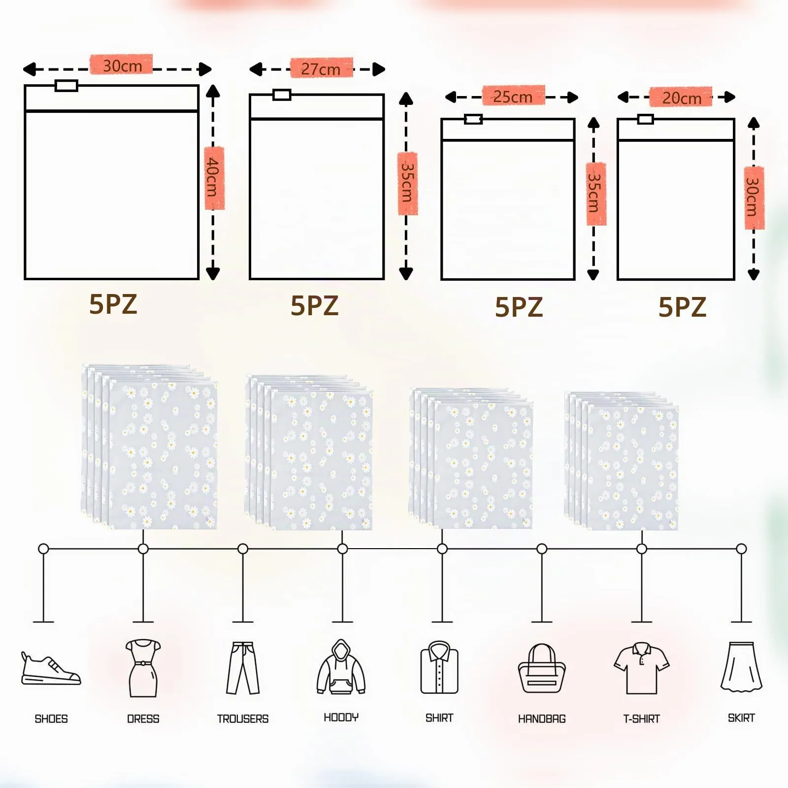 AiQInu 20 Pezzi Sacchetti per Vestiti Trasparenti Plastica,Riutilizzabile Sacchetti Vestiti Viaggio, Borsa Valigia Organizer, Trasparenti Plastica da Zip(4 taglie) - immagine 5