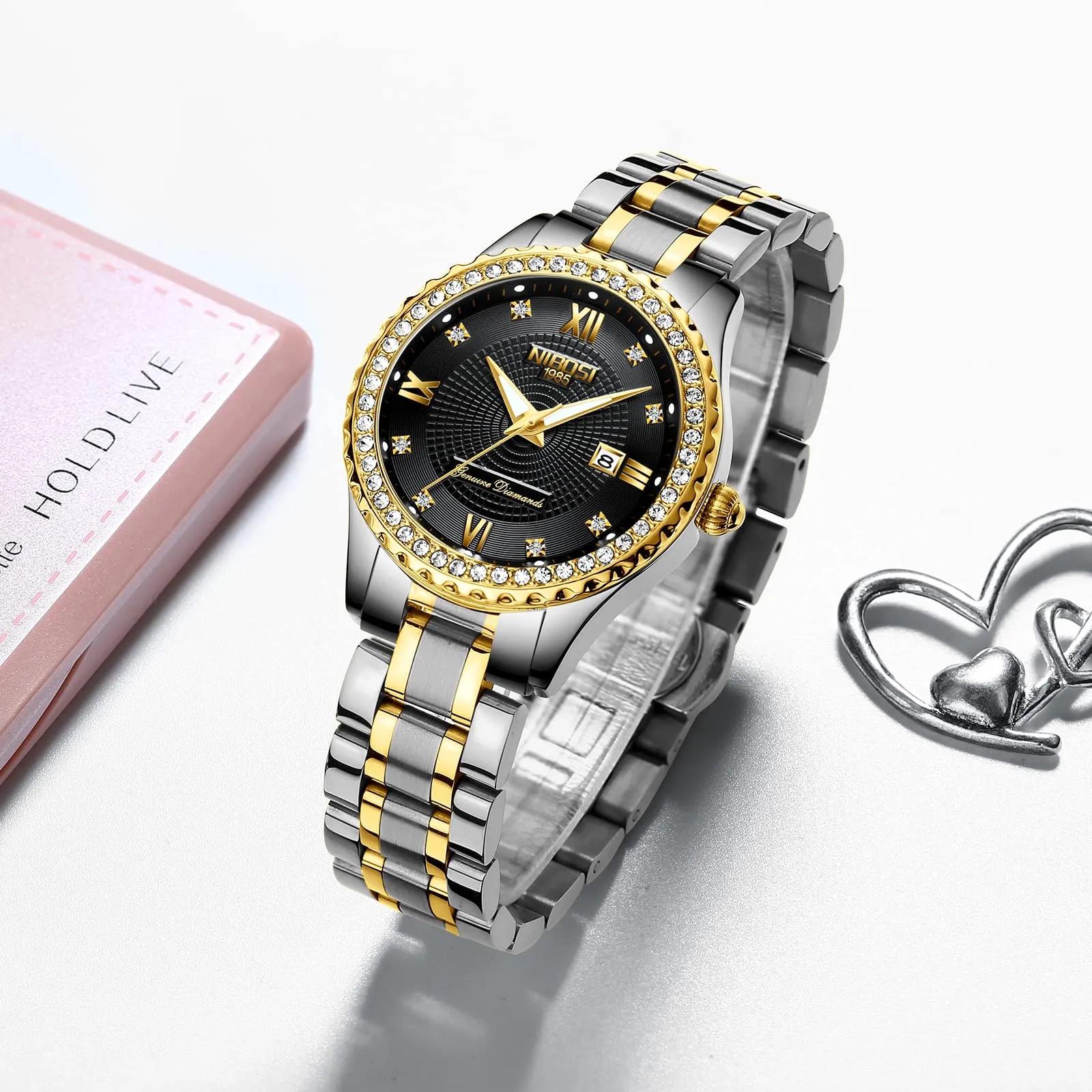 NIBOSI Orologio da polso da donna, orologio da donna analogico al quarzo, oro rosa, quadrante con diamanti, elegante orologio da polso impermeabile per ragazze, bracciale gioiello, Bracciale - immagine 3