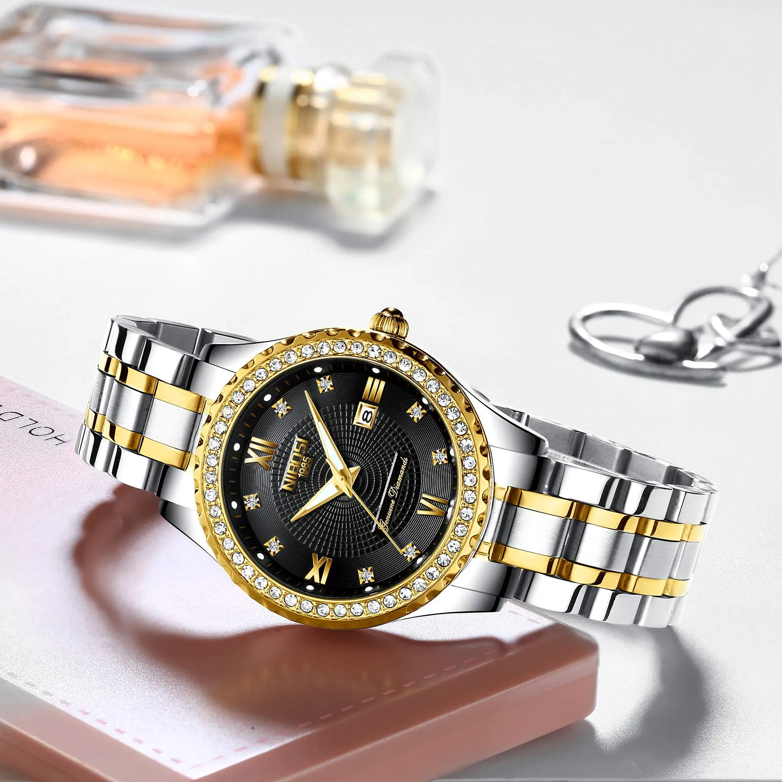 NIBOSI Orologio da polso da donna, orologio da donna analogico al quarzo, oro rosa, quadrante con diamanti, elegante orologio da polso impermeabile per ragazze, bracciale gioiello, Bracciale - immagine 4
