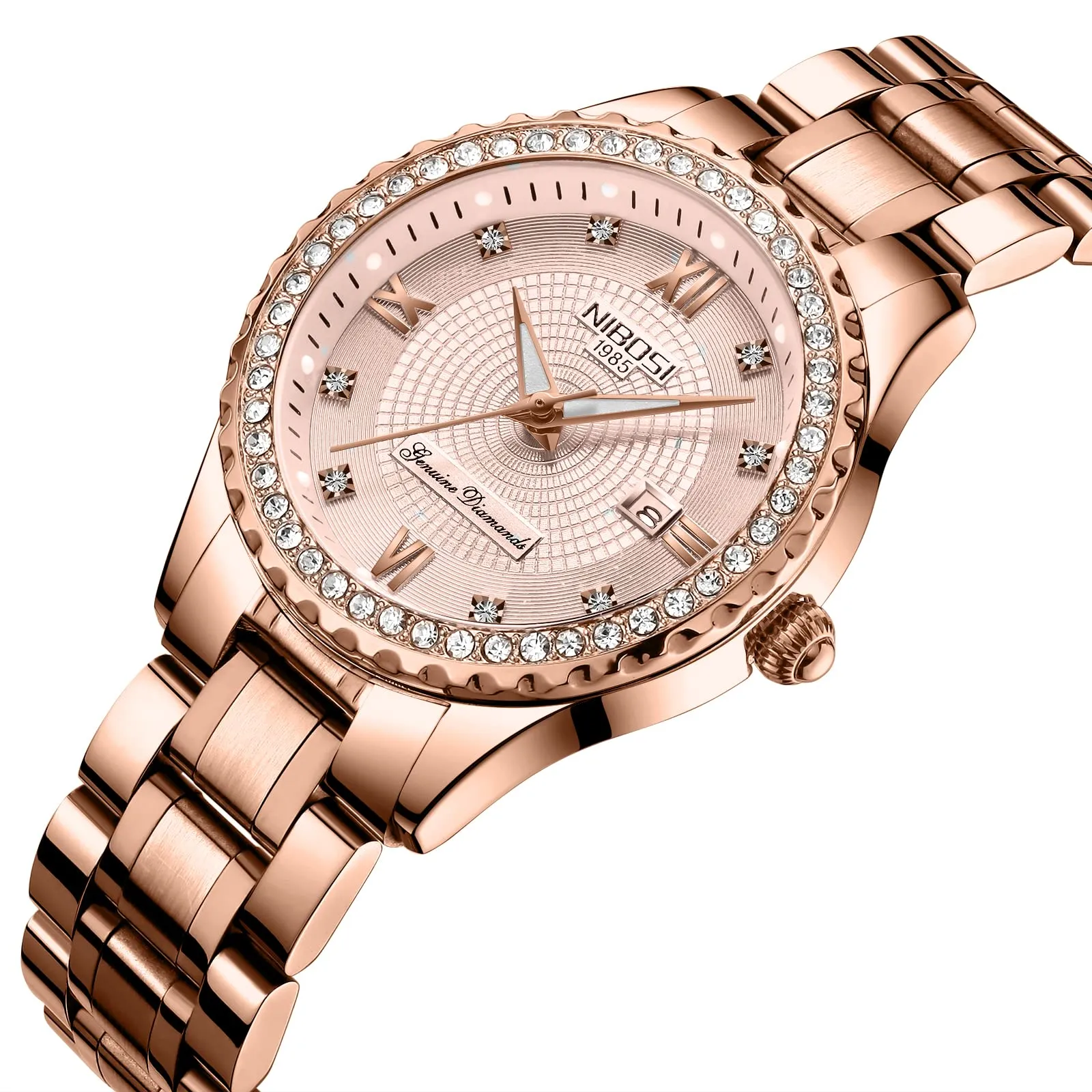 NIBOSI Orologio da polso da donna, al quarzo, analogico, quadrante in oro rosa, lusso impermeabile, con diamanti, in acciaio inossidabile, orologio automatico con data per donne, Oro rosa - immagine 2