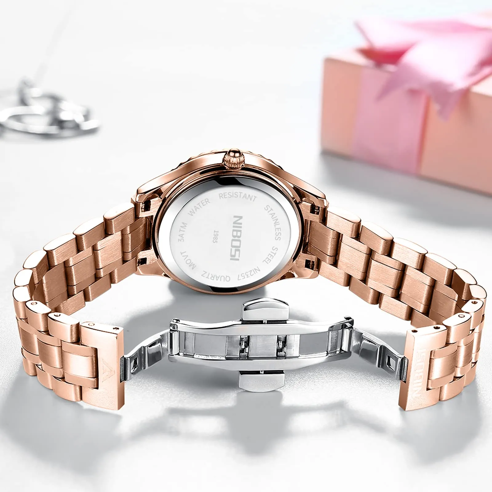 NIBOSI Orologio da polso da donna, al quarzo, analogico, quadrante in oro rosa, lusso impermeabile, con diamanti, in acciaio inossidabile, orologio automatico con data per donne, Oro rosa - immagine 3