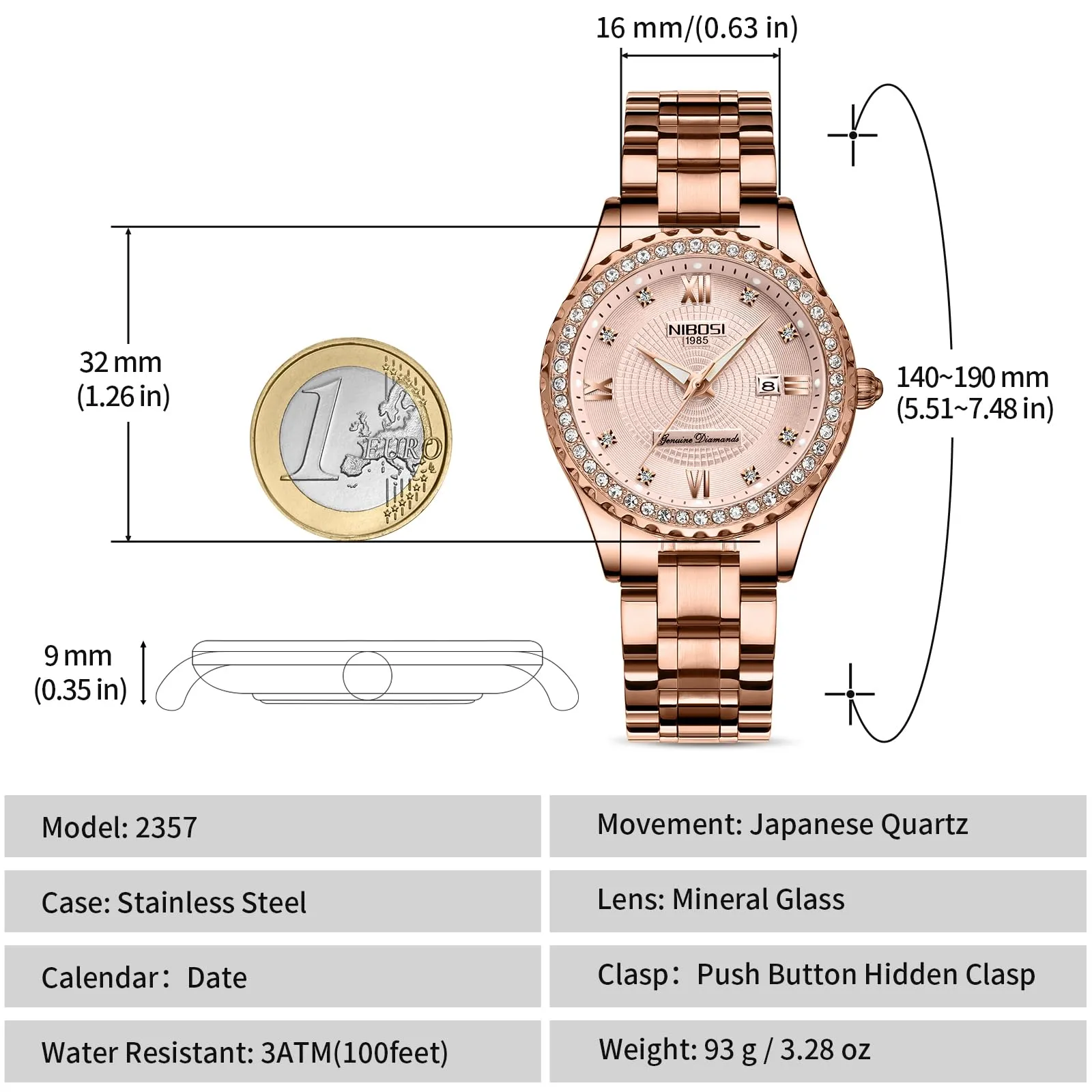 NIBOSI Orologio da polso da donna, al quarzo, analogico, quadrante in oro rosa, lusso impermeabile, con diamanti, in acciaio inossidabile, orologio automatico con data per donne, Oro rosa - immagine 4