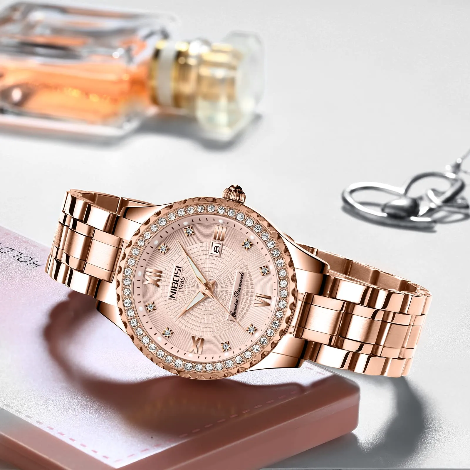 NIBOSI Orologio da polso da donna, al quarzo, analogico, quadrante in oro rosa, lusso impermeabile, con diamanti, in acciaio inossidabile, orologio automatico con data per donne, Oro rosa - immagine 5
