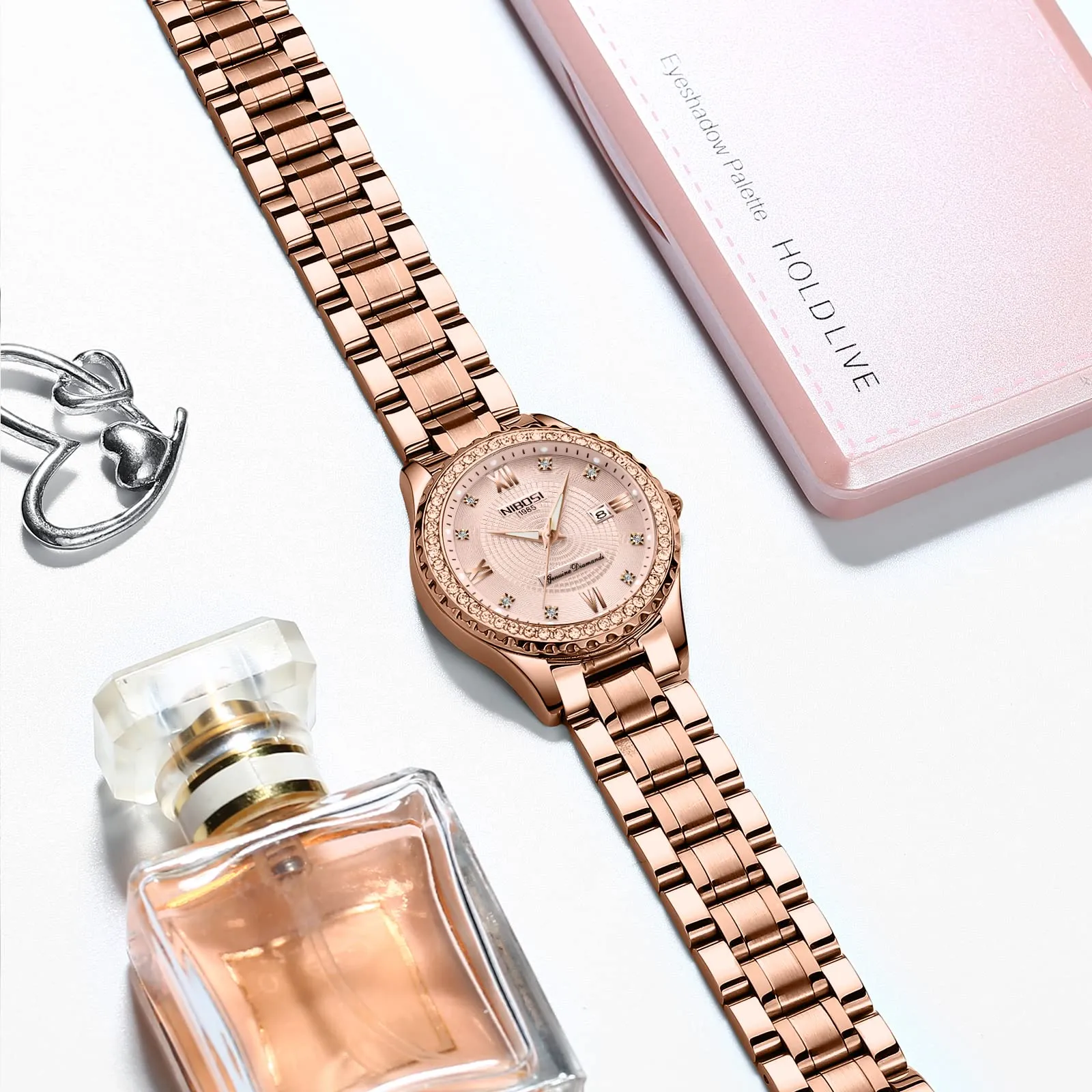 NIBOSI Orologio da polso da donna, al quarzo, analogico, quadrante in oro rosa, lusso impermeabile, con diamanti, in acciaio inossidabile, orologio automatico con data per donne, Oro rosa - immagine 6