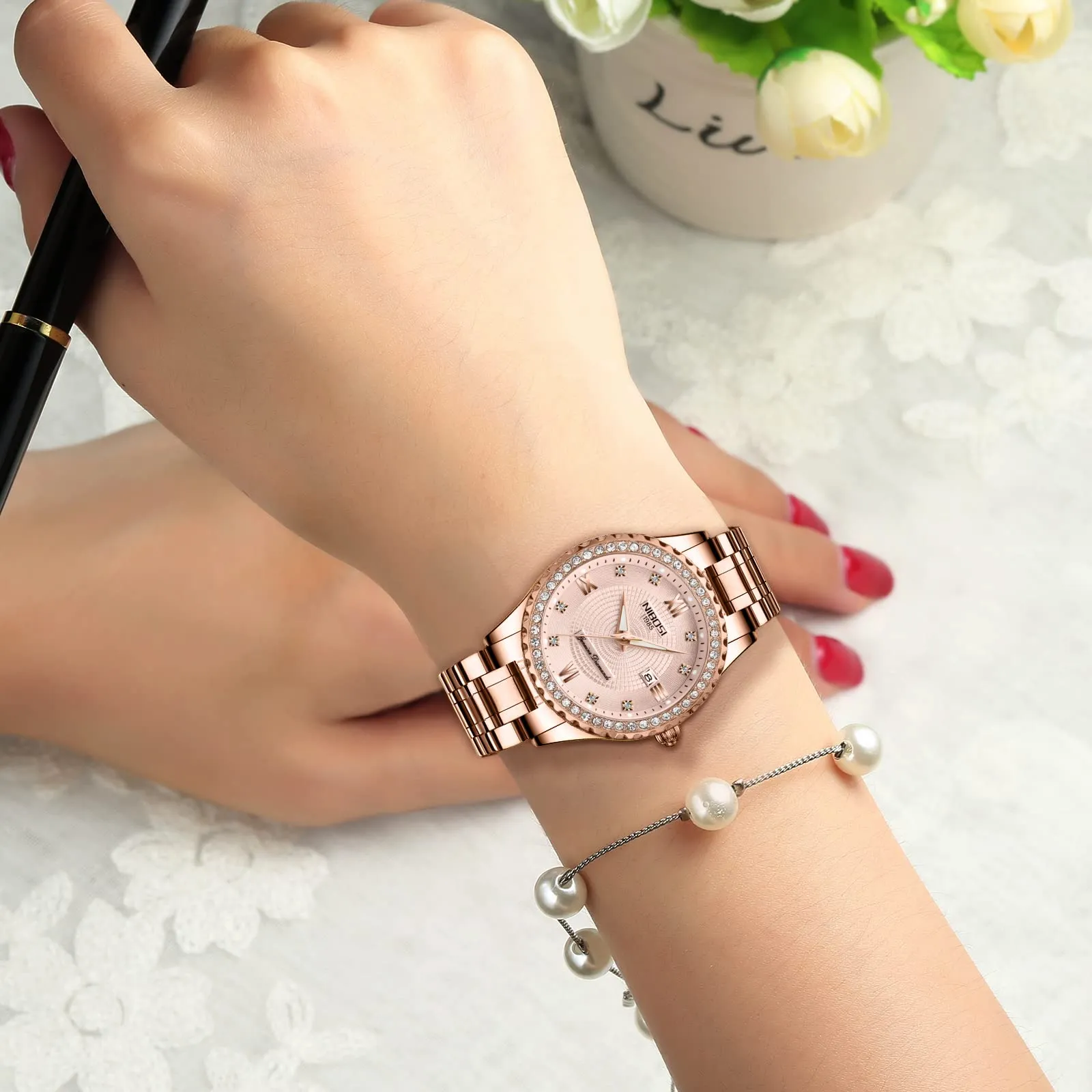 NIBOSI Orologio da polso da donna, al quarzo, analogico, quadrante in oro rosa, lusso impermeabile, con diamanti, in acciaio inossidabile, orologio automatico con data per donne, Oro rosa - immagine 7