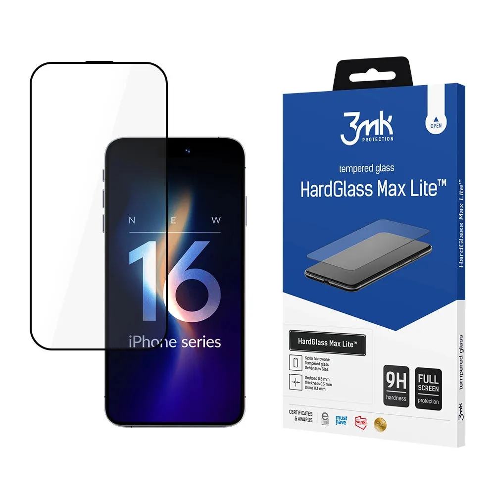 Pellicola Protettiva Schermo 3MK HardGlass Max Lite per Apple iPhone 17 / 16 Pro, Vetro Temperato, Full Glue, Nera - immagine 1