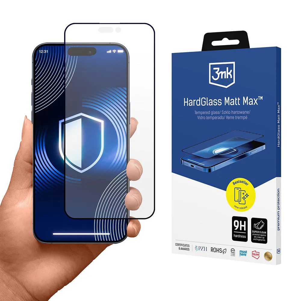 Pellicola protettiva per schermo opaca 3MK HardGlass Max per Apple 17 Pro Max, vetro temperato, adesivo completo, nero - immagine 1