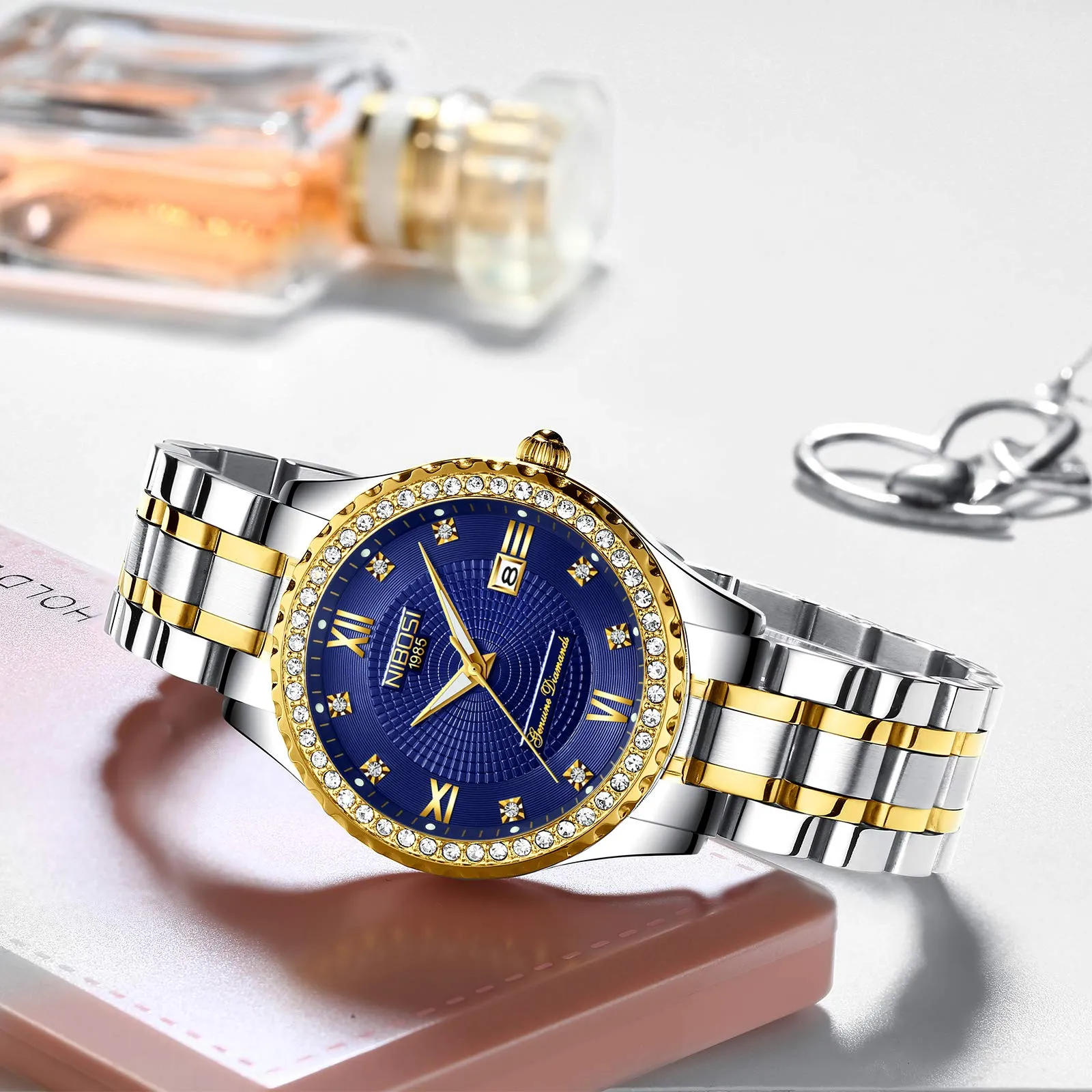 NIBOSI Orologio da polso da donna, orologio da donna analogico al quarzo, oro rosa, quadrante con diamanti, elegante orologio da polso impermeabile per ragazze, bracciale gioiello, Bracciale - immagine 3