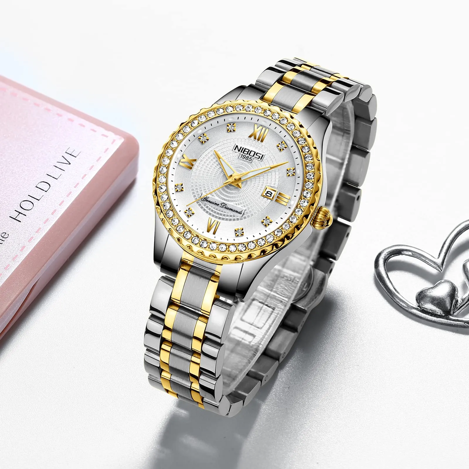 NIBOSI Orologio da polso da donna, orologio da donna analogico al quarzo, oro rosa, quadrante con diamanti, elegante orologio da polso impermeabile per ragazze, bracciale gioiello, Classico - immagine 5