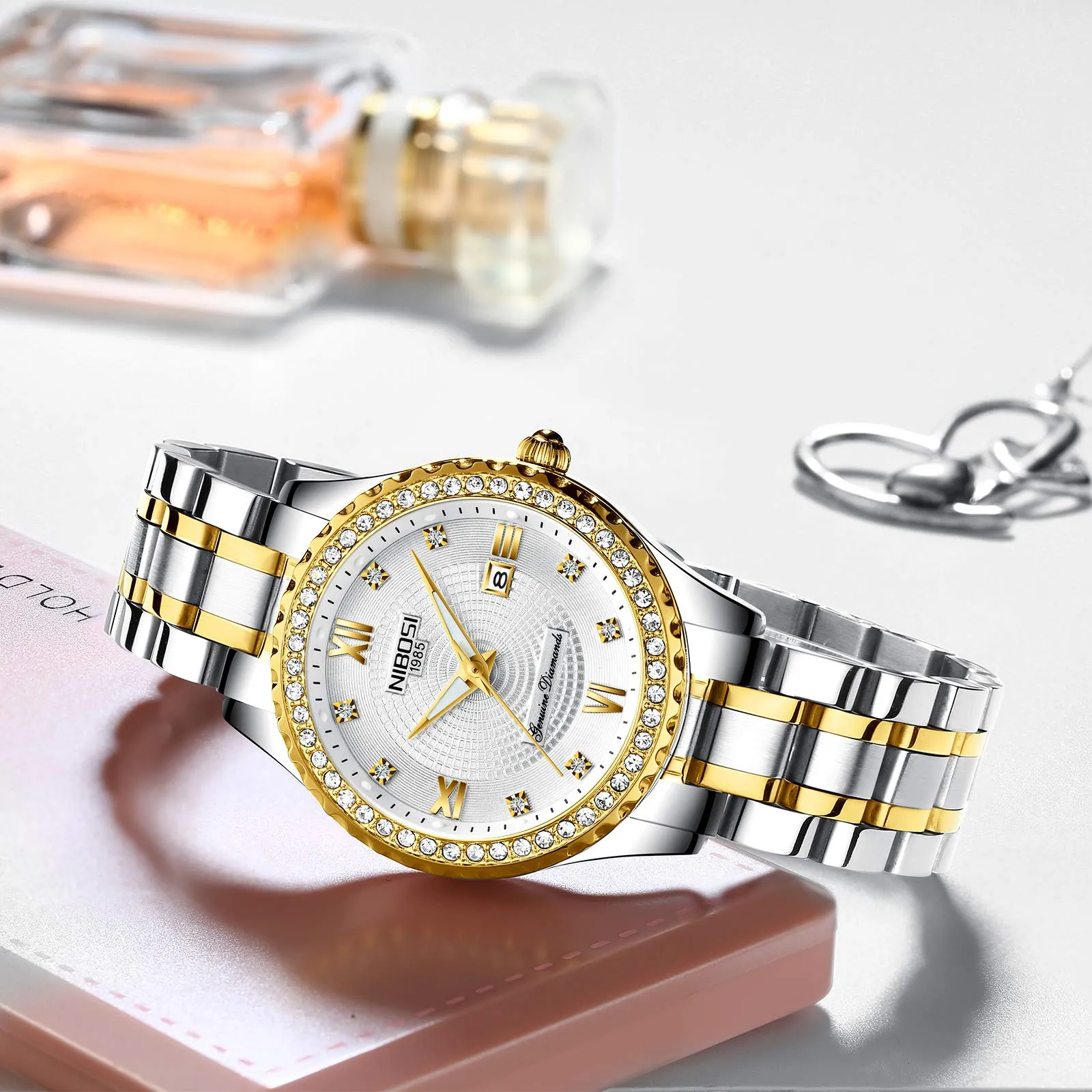 NIBOSI Orologio da polso da donna, orologio da donna analogico al quarzo, oro rosa, quadrante con diamanti, elegante orologio da polso impermeabile per ragazze, bracciale gioiello, Classico - immagine 6