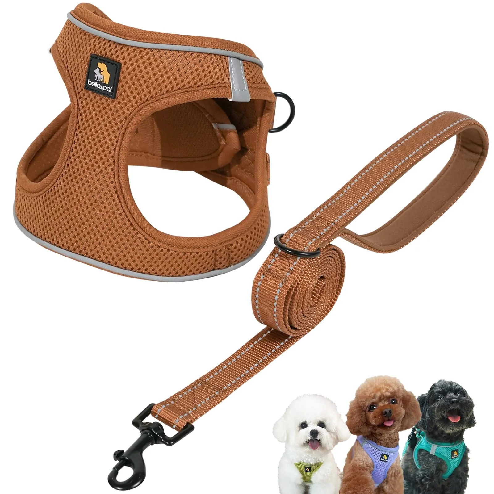 BELLA & PAL Pettorina Cane Taglia Piccola, Pettorine per Cuccioli con Guinzaglio, Step In Riflettente in Air Mesh Morbida e Traspirante, Imbracatura per Cani Poccoli, Marrone, M - immagine 1