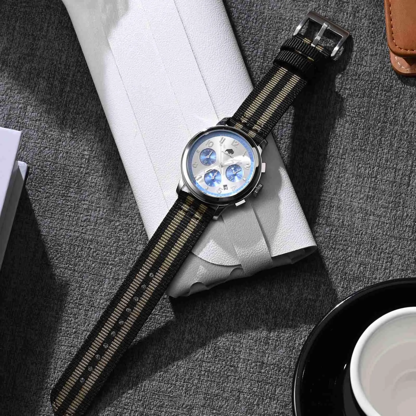 BISONSTRAP Cinturini in Nylon da Uomo, Cinturino per Orologi Militari, Sgancio Rapido, Fibbia Spazzolata, 19mm, Nero+Grigio (Fibbia Argento) - immagine 2