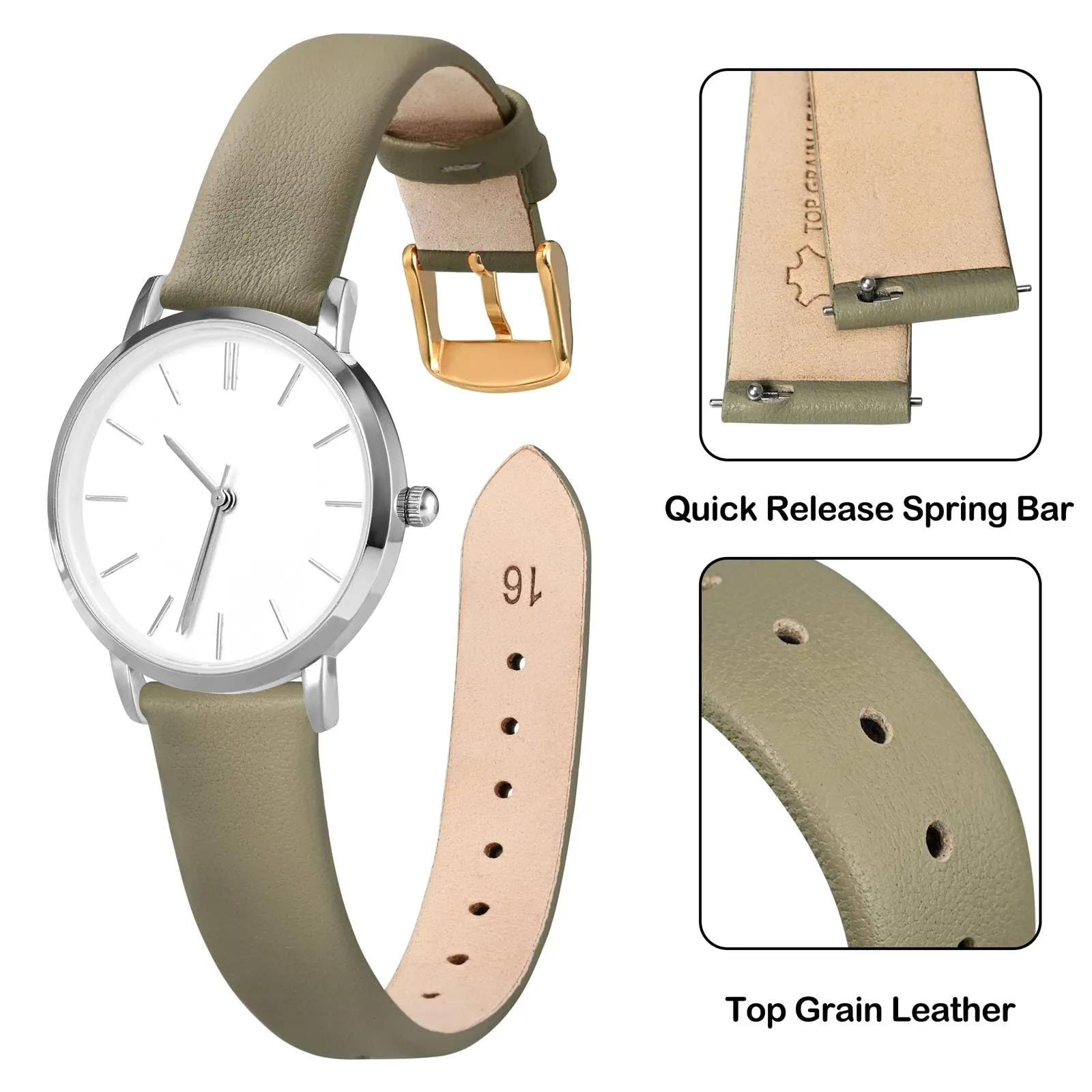 ANNEFIT Cinturini per Orologi per Uomo Donna, Cinturino in Vera Pelle con Sgancio Rapido, Larghezza della Banda 20mm con Fibbia Oro (Cachi) - immagine 3