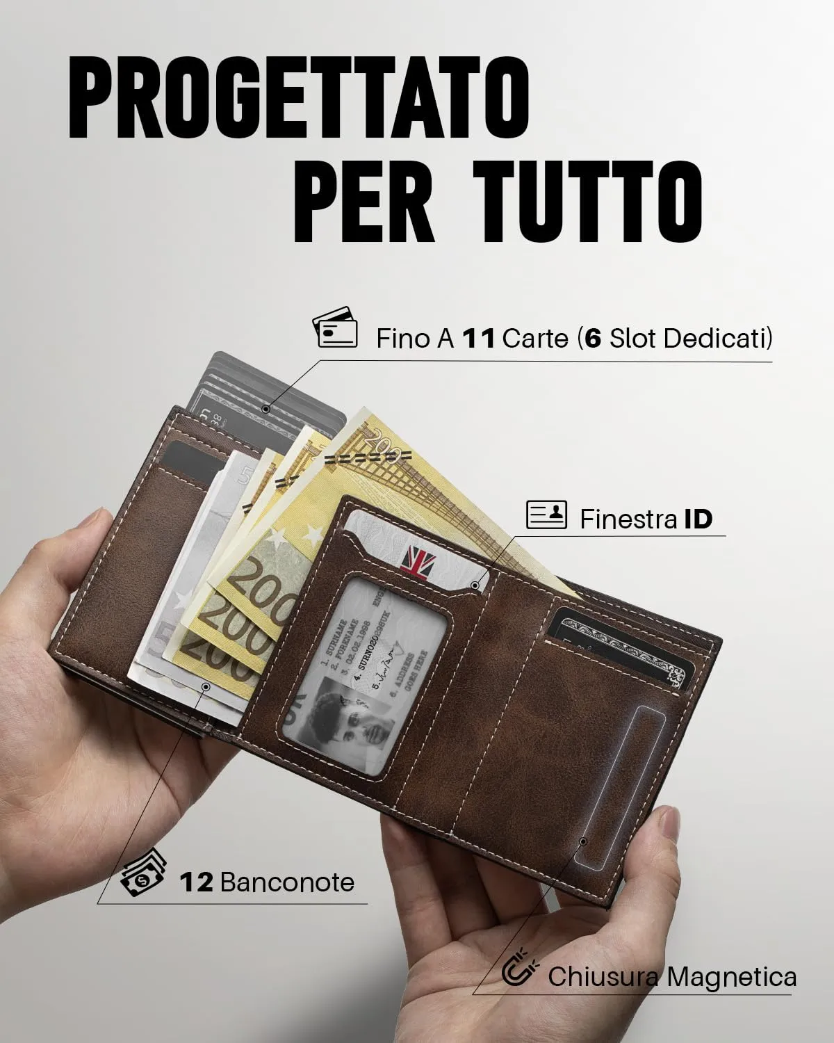 MYSHION Portafoglio Pop-Up da Uomo con Tasca per Monete, Portafoglio Trifold con Finestra ID, Porta Carte RFID Intelligente con 6 Scomparti per Fino a 11 Carte - immagine 3