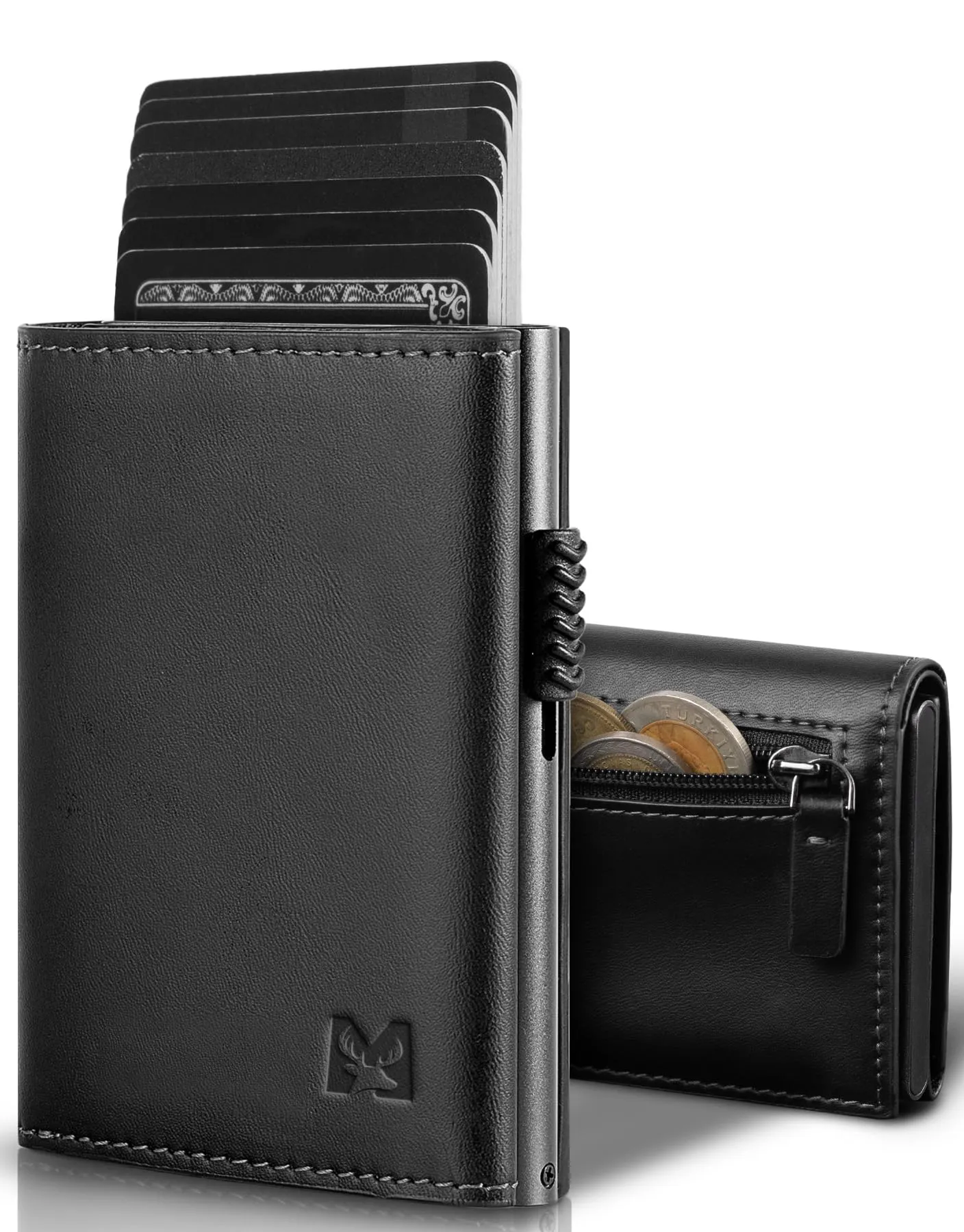 MYSHION Portafoglio Pop-Up da Uomo con Tasca per Monete, Portafoglio Trifold con Finestra ID, Porta Carte RFID Intelligente con 6 Scomparti per Fino a 11 Carte (Nero) - immagine 1