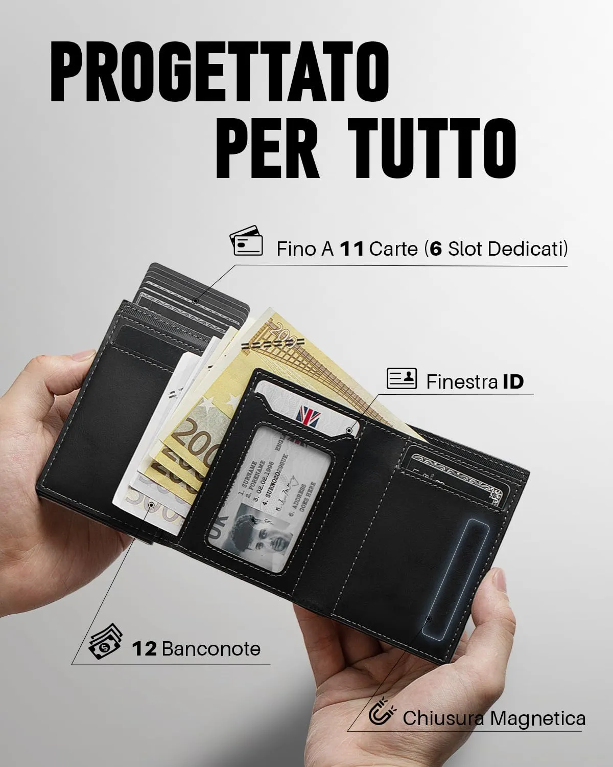 MYSHION Portafoglio Pop-Up da Uomo con Tasca per Monete, Portafoglio Trifold con Finestra ID, Porta Carte RFID Intelligente con 6 Scomparti per Fino a 11 Carte (Nero) - immagine 3