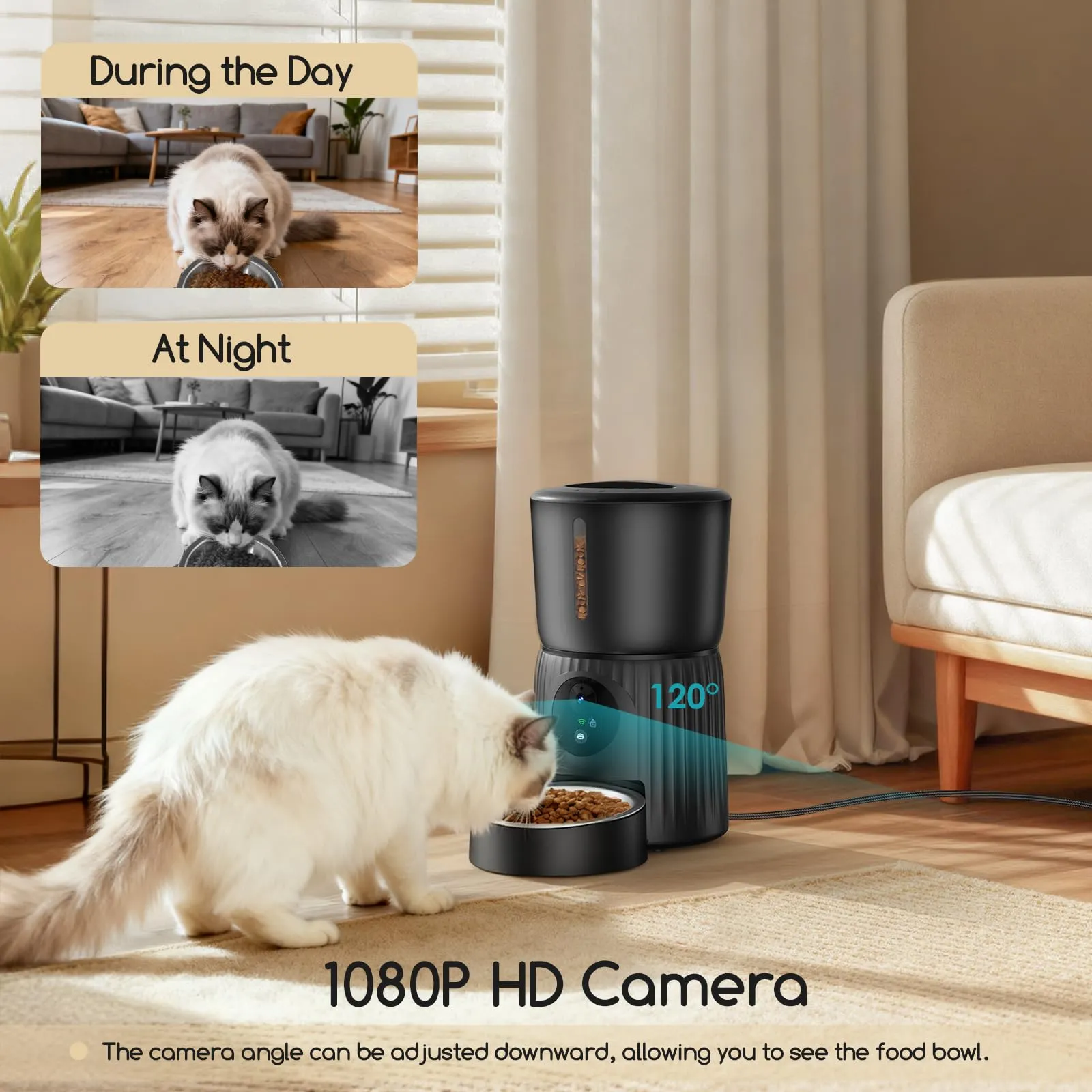Faroro Distributore Automatico Cibo Gatti con Telecamera, Video HD 1080P, Visione Notturna, Audio Bidirezionale, Dispenser 4L, Angolo Telecamera Regolabile, Sensore Anti-Blocco, APP, Wi-Fi 5GHz - immagine 2