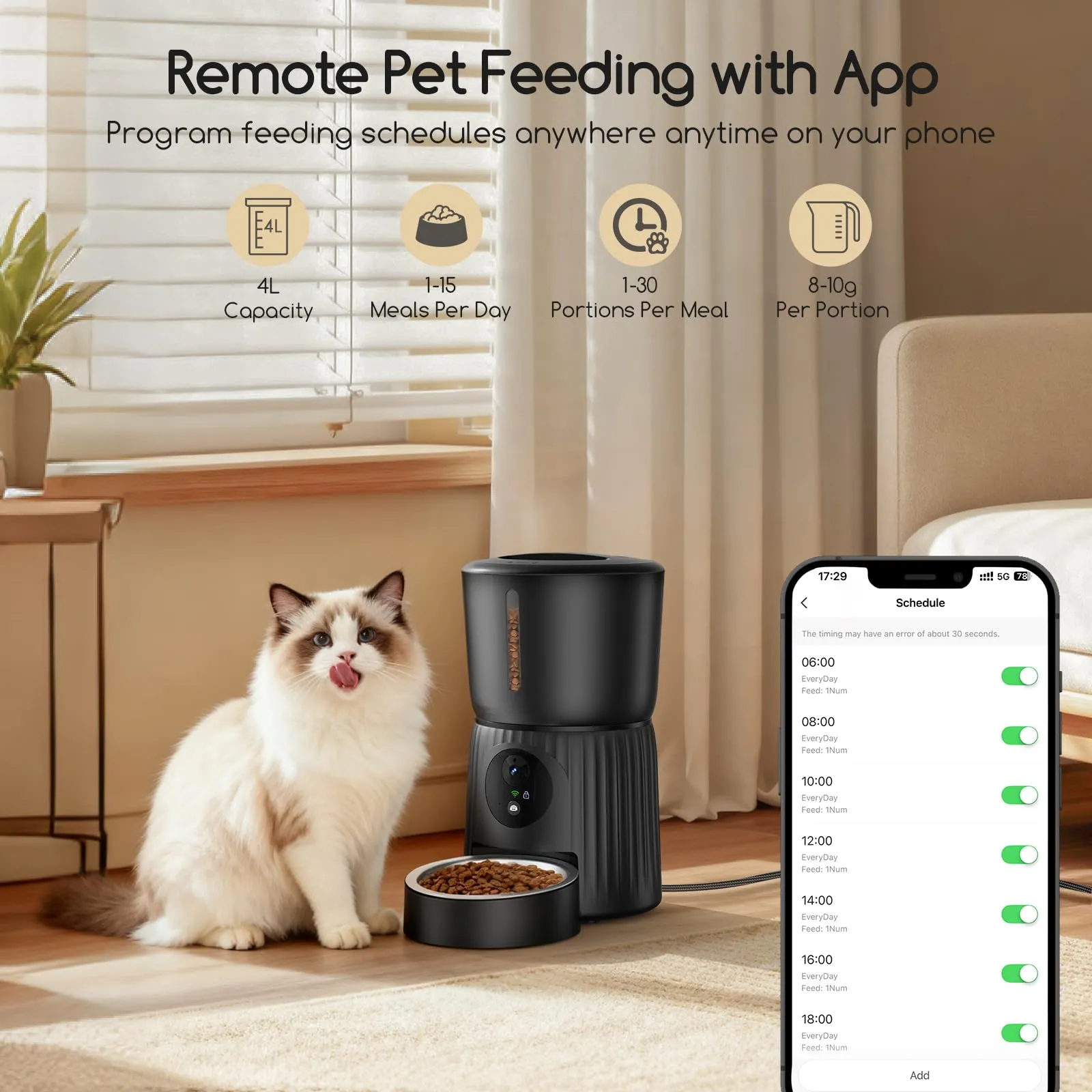 Faroro Distributore Automatico Cibo Gatti con Telecamera, Video HD 1080P, Visione Notturna, Audio Bidirezionale, Dispenser 4L, Angolo Telecamera Regolabile, Sensore Anti-Blocco, APP, Wi-Fi 5GHz - immagine 3