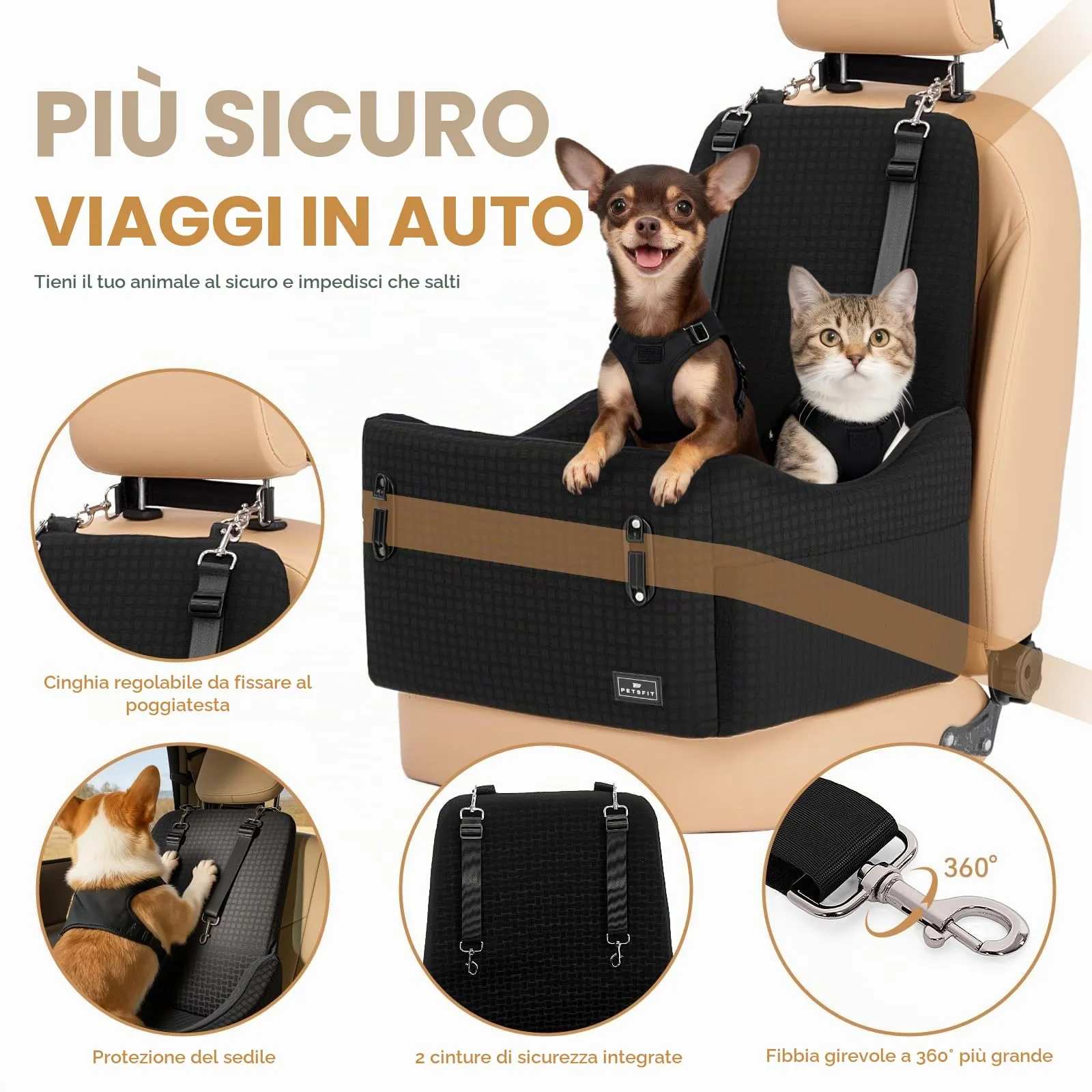 PETSFIT Seggiolino Auto per Cani di Taglia Piccola/Media fino a 15 kg – Sistema di Sicurezza Brevettato, Rialzo con Memory Foam da 13 cm, Sfoderabile e Lavabile, 2 Tasche Portaoggetti (Nero) - immagine 2