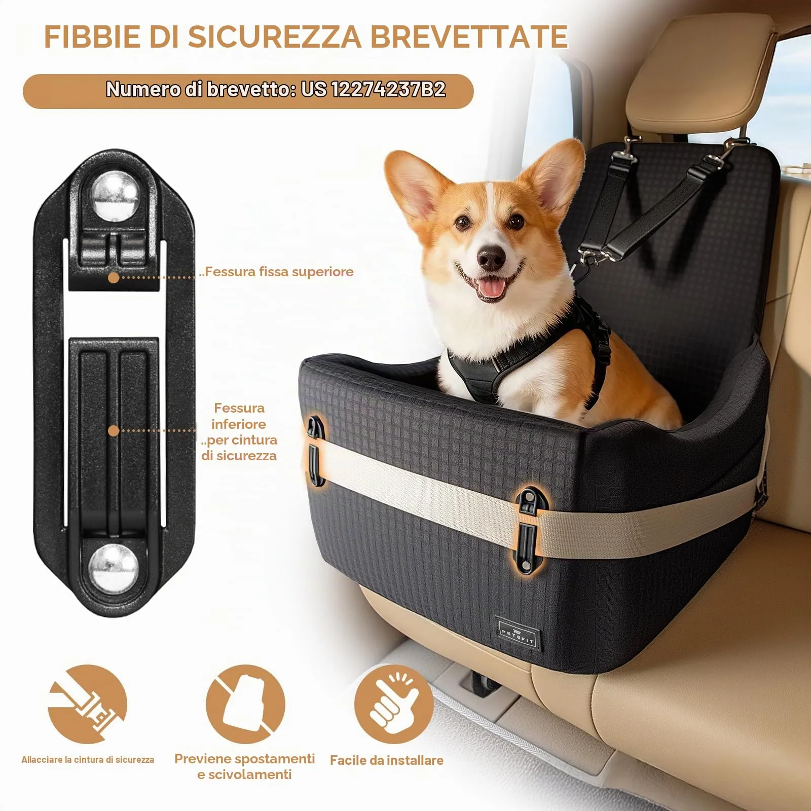 PETSFIT Seggiolino Auto per Cani di Taglia Piccola/Media fino a 15 kg – Sistema di Sicurezza Brevettato, Rialzo con Memory Foam da 13 cm, Sfoderabile e Lavabile, 2 Tasche Portaoggetti (Nero) - immagine 3