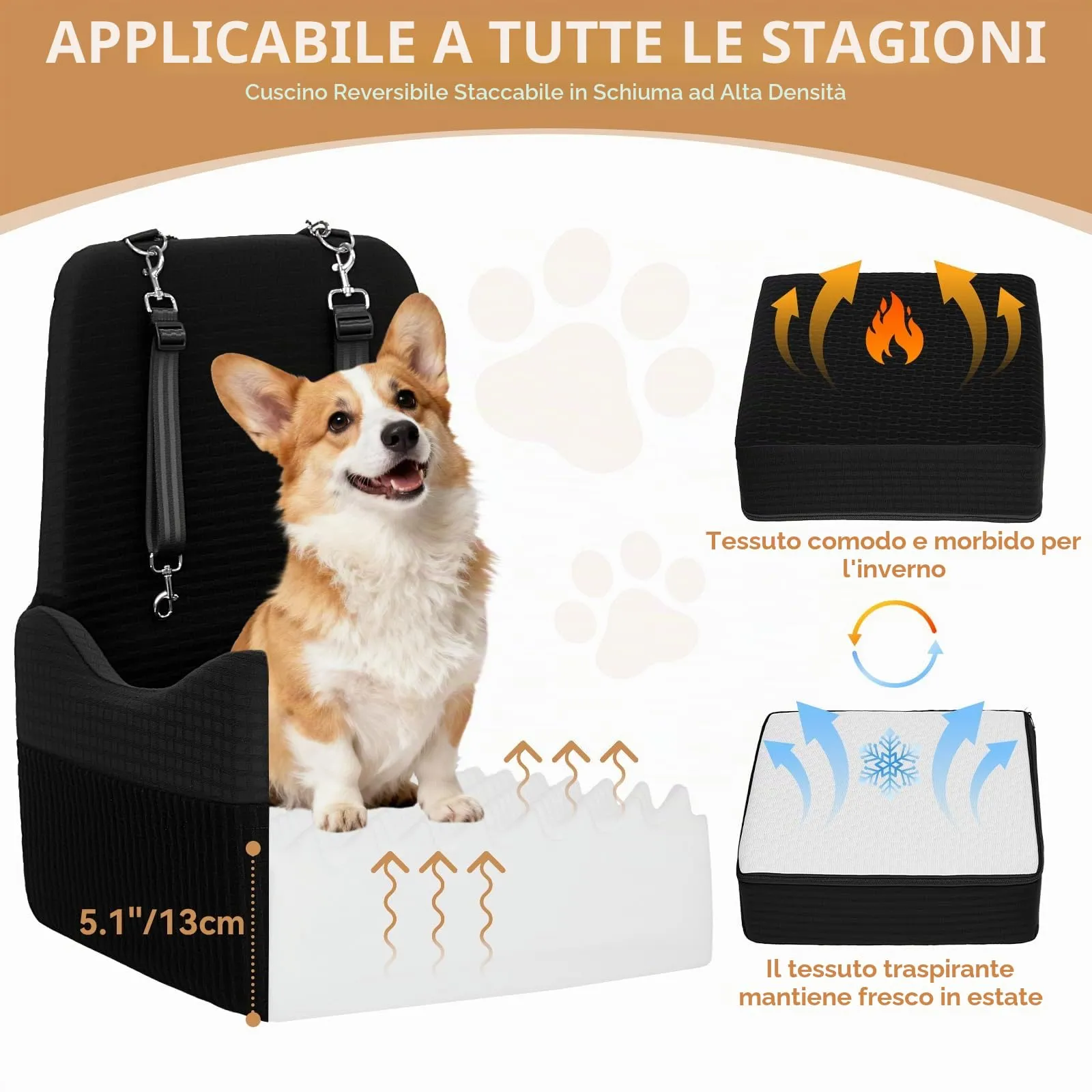 PETSFIT Seggiolino Auto per Cani di Taglia Piccola/Media fino a 15 kg – Sistema di Sicurezza Brevettato, Rialzo con Memory Foam da 13 cm, Sfoderabile e Lavabile, 2 Tasche Portaoggetti (Nero) - immagine 4