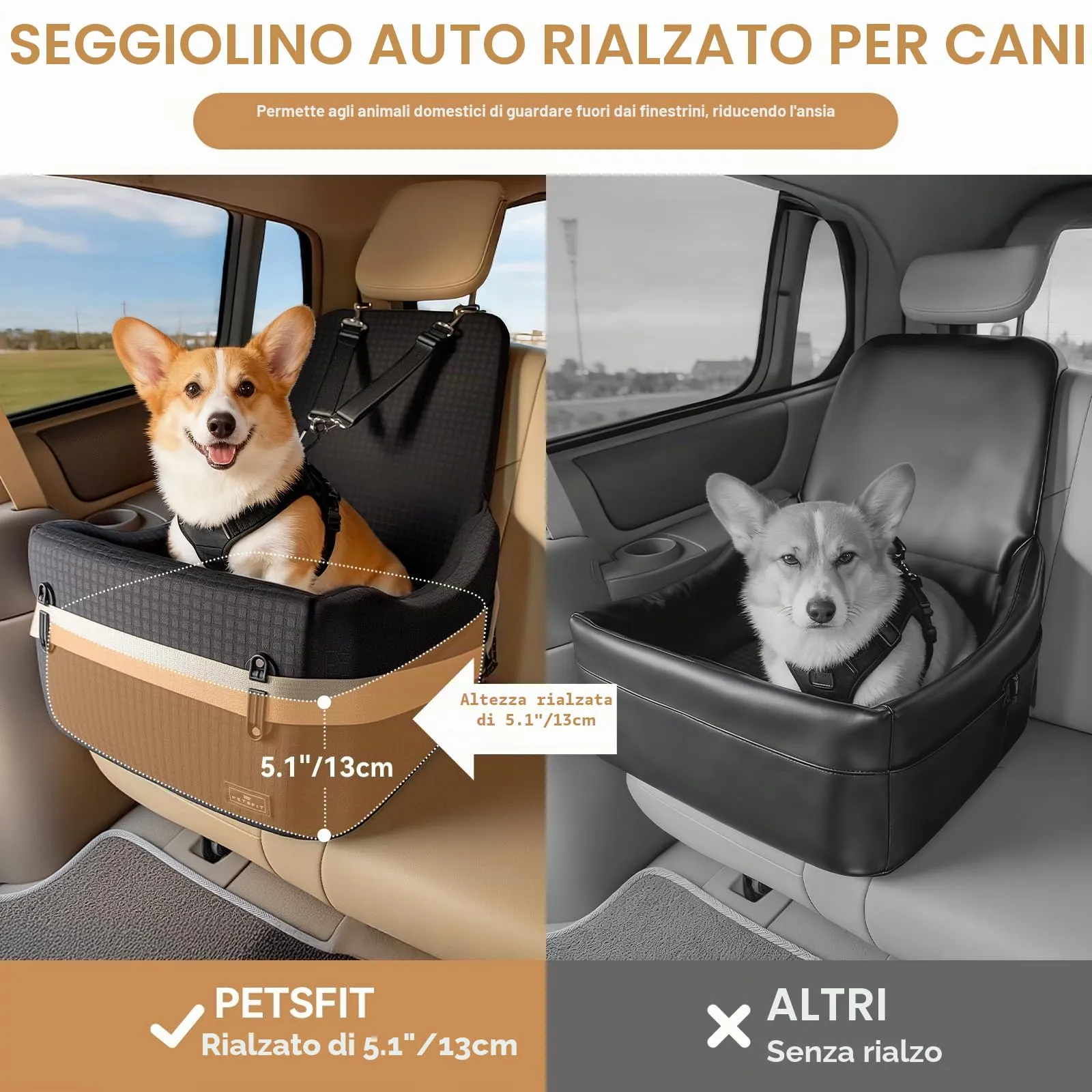 PETSFIT Seggiolino Auto per Cani di Taglia Piccola/Media fino a 15 kg – Sistema di Sicurezza Brevettato, Rialzo con Memory Foam da 13 cm, Sfoderabile e Lavabile, 2 Tasche Portaoggetti (Nero) - immagine 5