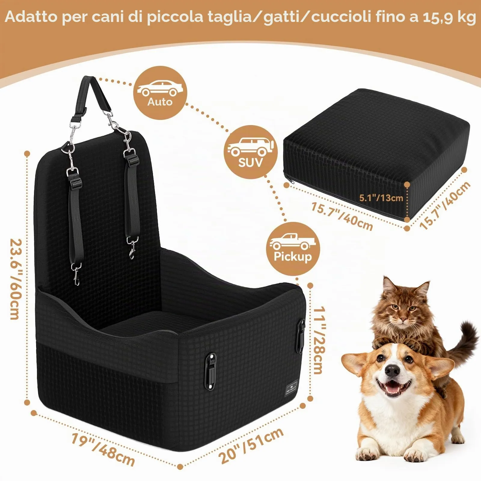 PETSFIT Seggiolino Auto per Cani di Taglia Piccola/Media fino a 15 kg – Sistema di Sicurezza Brevettato, Rialzo con Memory Foam da 13 cm, Sfoderabile e Lavabile, 2 Tasche Portaoggetti (Nero) - immagine 6