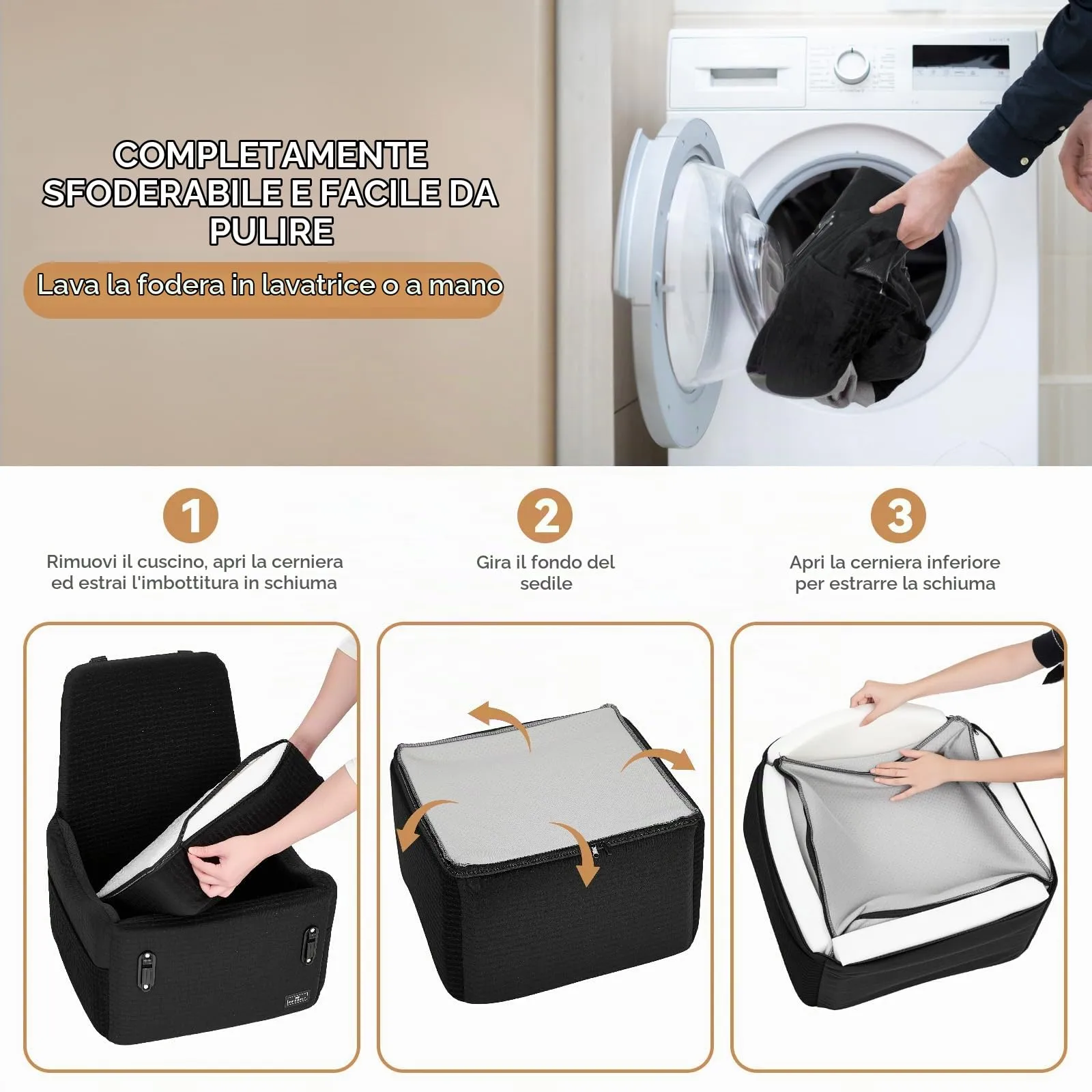 PETSFIT Seggiolino Auto per Cani di Taglia Piccola/Media fino a 15 kg – Sistema di Sicurezza Brevettato, Rialzo con Memory Foam da 13 cm, Sfoderabile e Lavabile, 2 Tasche Portaoggetti (Nero) - immagine 7