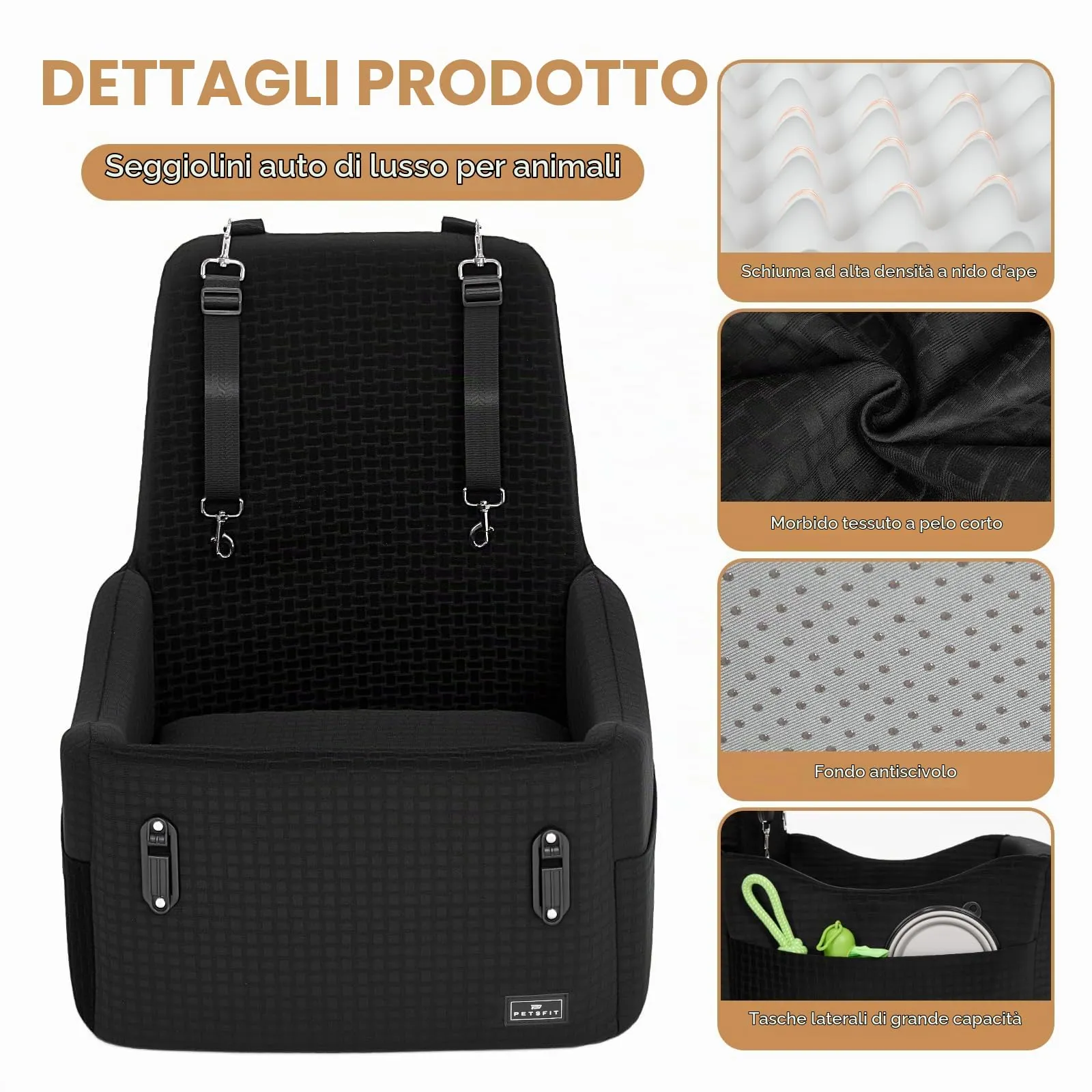 PETSFIT Seggiolino Auto per Cani di Taglia Piccola/Media fino a 15 kg – Sistema di Sicurezza Brevettato, Rialzo con Memory Foam da 13 cm, Sfoderabile e Lavabile, 2 Tasche Portaoggetti (Nero) - immagine 8