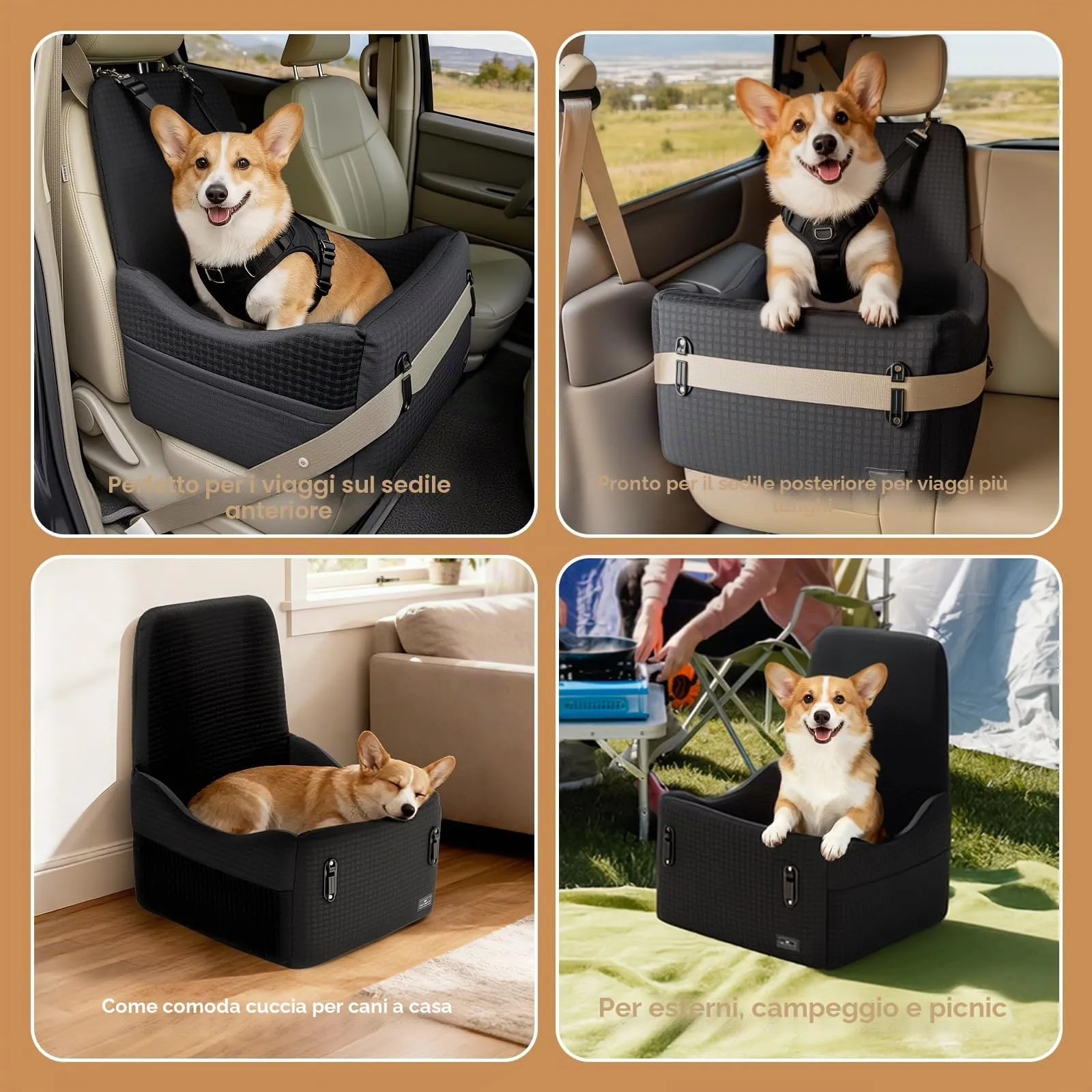 PETSFIT Seggiolino Auto per Cani di Taglia Piccola/Media fino a 15 kg – Sistema di Sicurezza Brevettato, Rialzo con Memory Foam da 13 cm, Sfoderabile e Lavabile, 2 Tasche Portaoggetti (Nero) - immagine 9