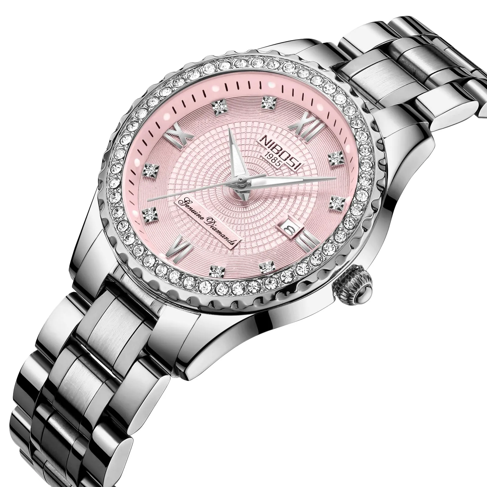NIBOSI Orologio da polso analogico al quarzo da donna con quadrante in oro rosa, orologio da polso di lusso impermeabile con diamanti in acciaio inox per donna con data automatica, rosa - immagine 2