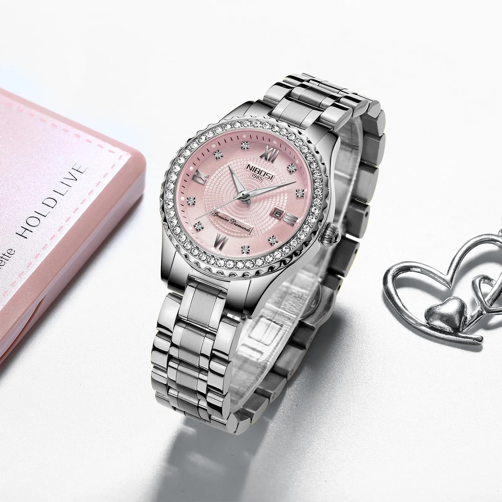 NIBOSI Orologio da polso analogico al quarzo da donna con quadrante in oro rosa, orologio da polso di lusso impermeabile con diamanti in acciaio inox per donna con data automatica, rosa - immagine 3
