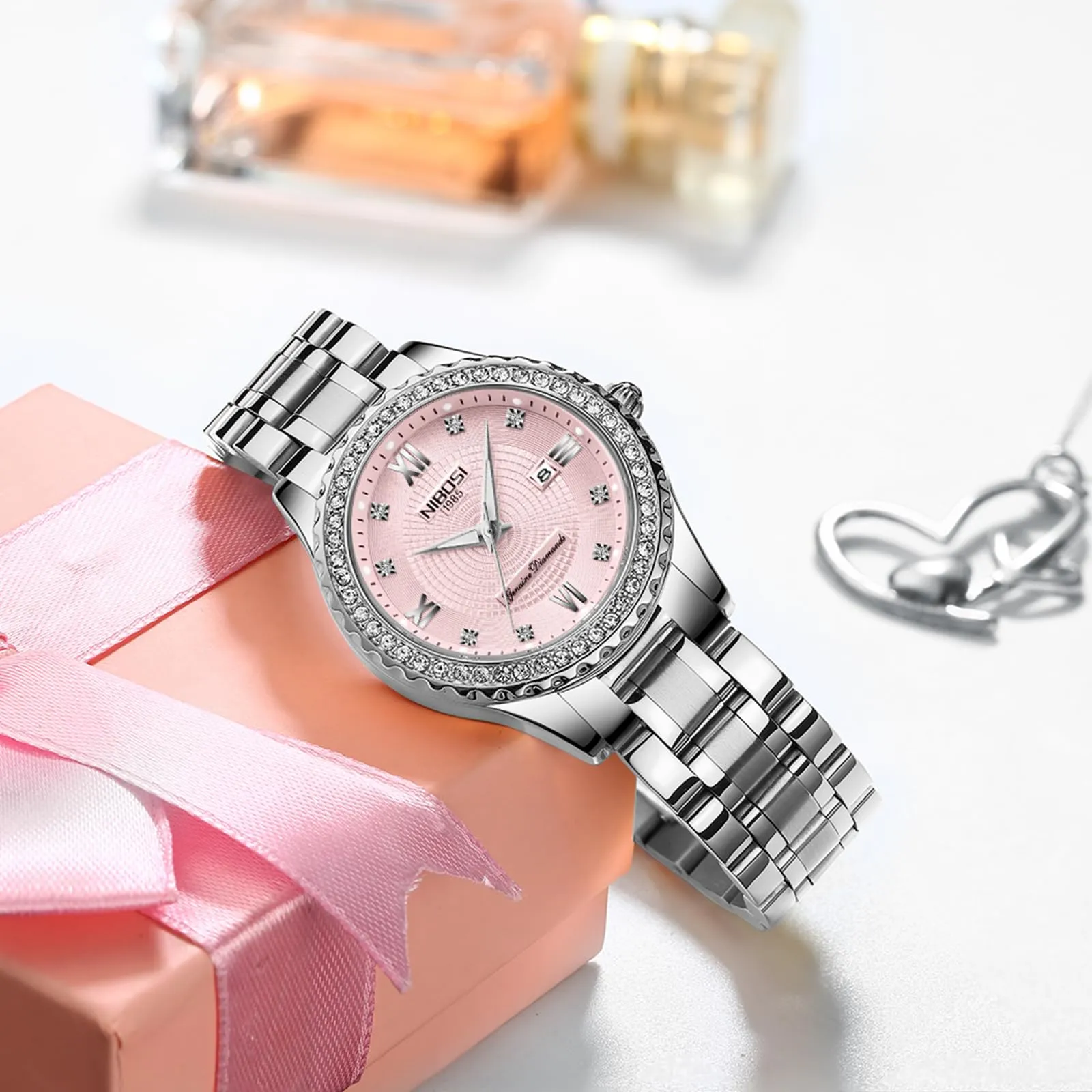 NIBOSI Orologio da polso analogico al quarzo da donna con quadrante in oro rosa, orologio da polso di lusso impermeabile con diamanti in acciaio inox per donna con data automatica, rosa - immagine 4