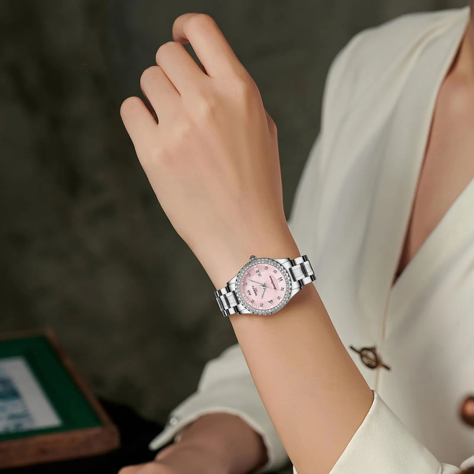 NIBOSI Orologio da polso analogico al quarzo da donna con quadrante in oro rosa, orologio da polso di lusso impermeabile con diamanti in acciaio inox per donna con data automatica, rosa - immagine 7