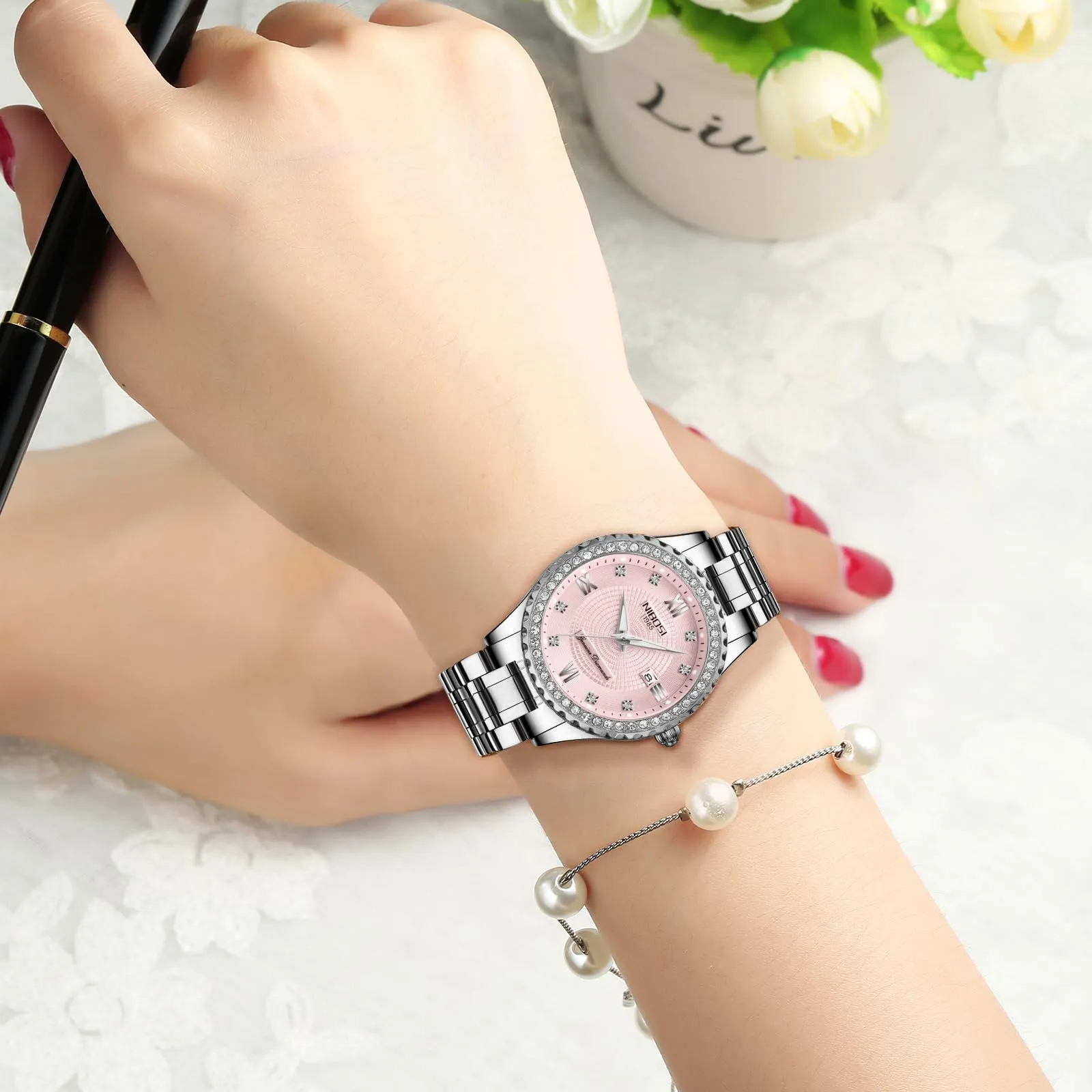 NIBOSI Orologio da polso analogico al quarzo da donna con quadrante in oro rosa, orologio da polso di lusso impermeabile con diamanti in acciaio inox per donna con data automatica, rosa - immagine 8