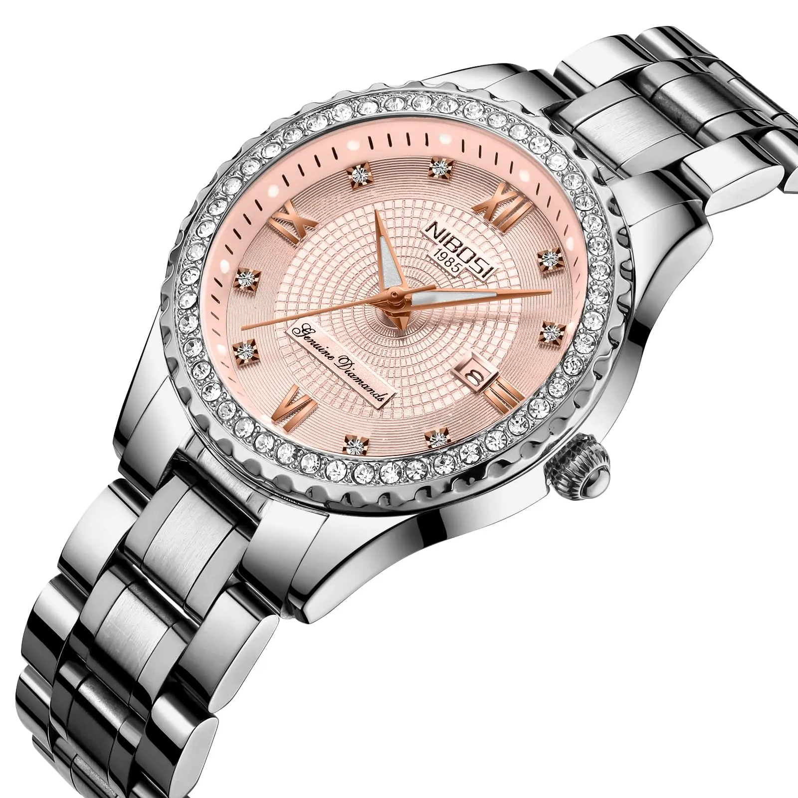 NIBOSI Orologio da polso da donna, orologio da donna analogico al quarzo, oro rosa, quadrante con diamanti, elegante orologio da polso impermeabile per ragazze, bracciale gioiello, Bracciale - immagine 2