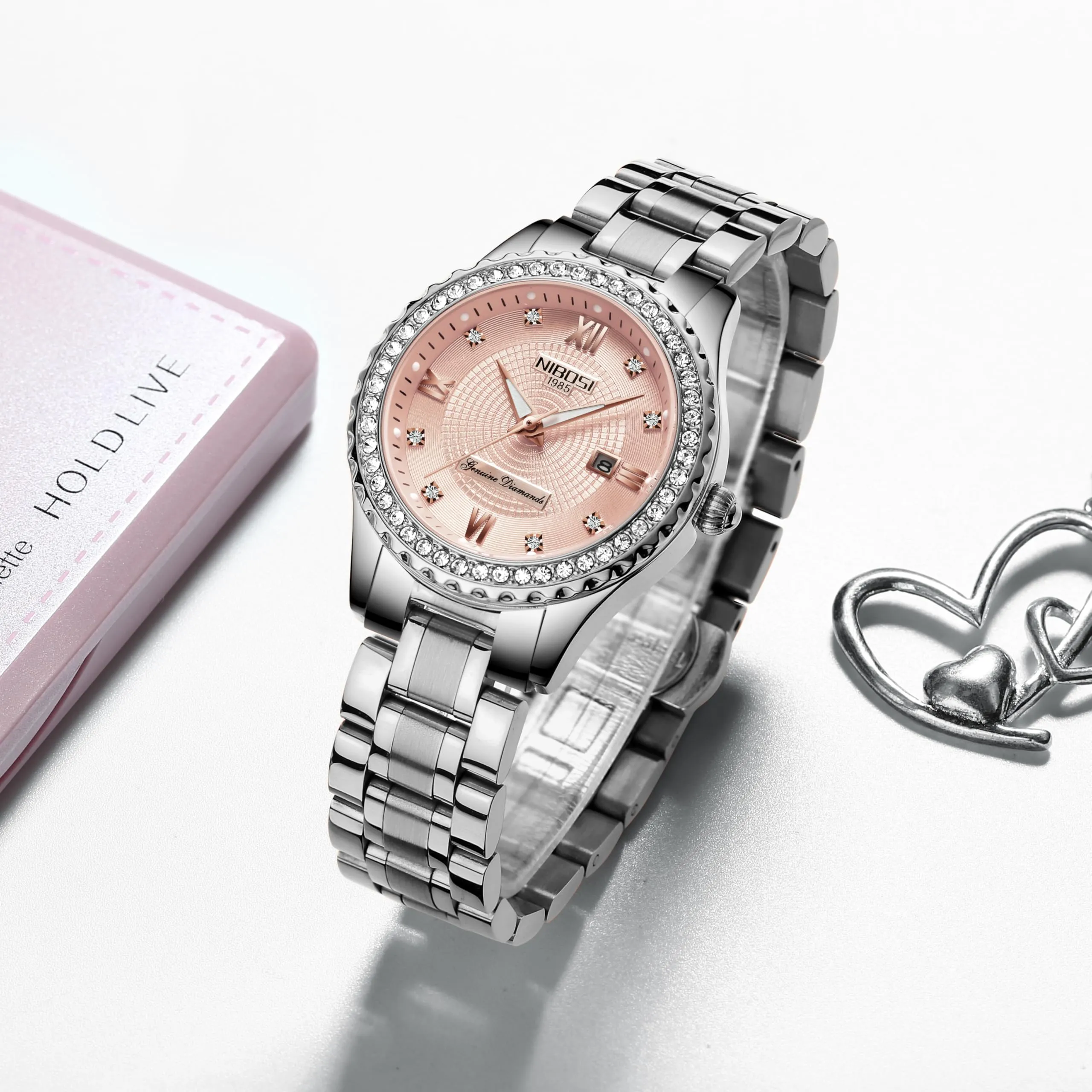 NIBOSI Orologio da polso da donna, orologio da donna analogico al quarzo, oro rosa, quadrante con diamanti, elegante orologio da polso impermeabile per ragazze, bracciale gioiello, Bracciale - immagine 4