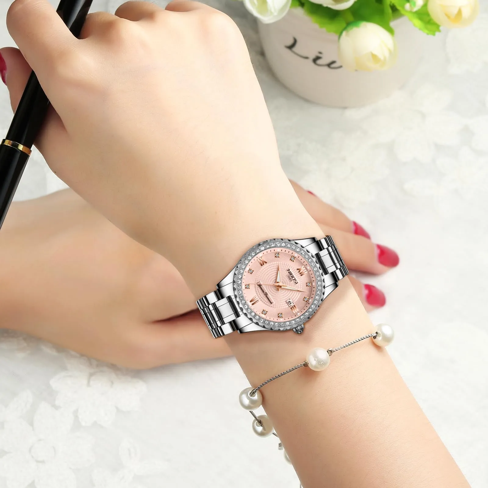 NIBOSI Orologio da polso da donna, orologio da donna analogico al quarzo, oro rosa, quadrante con diamanti, elegante orologio da polso impermeabile per ragazze, bracciale gioiello, Bracciale - immagine 6